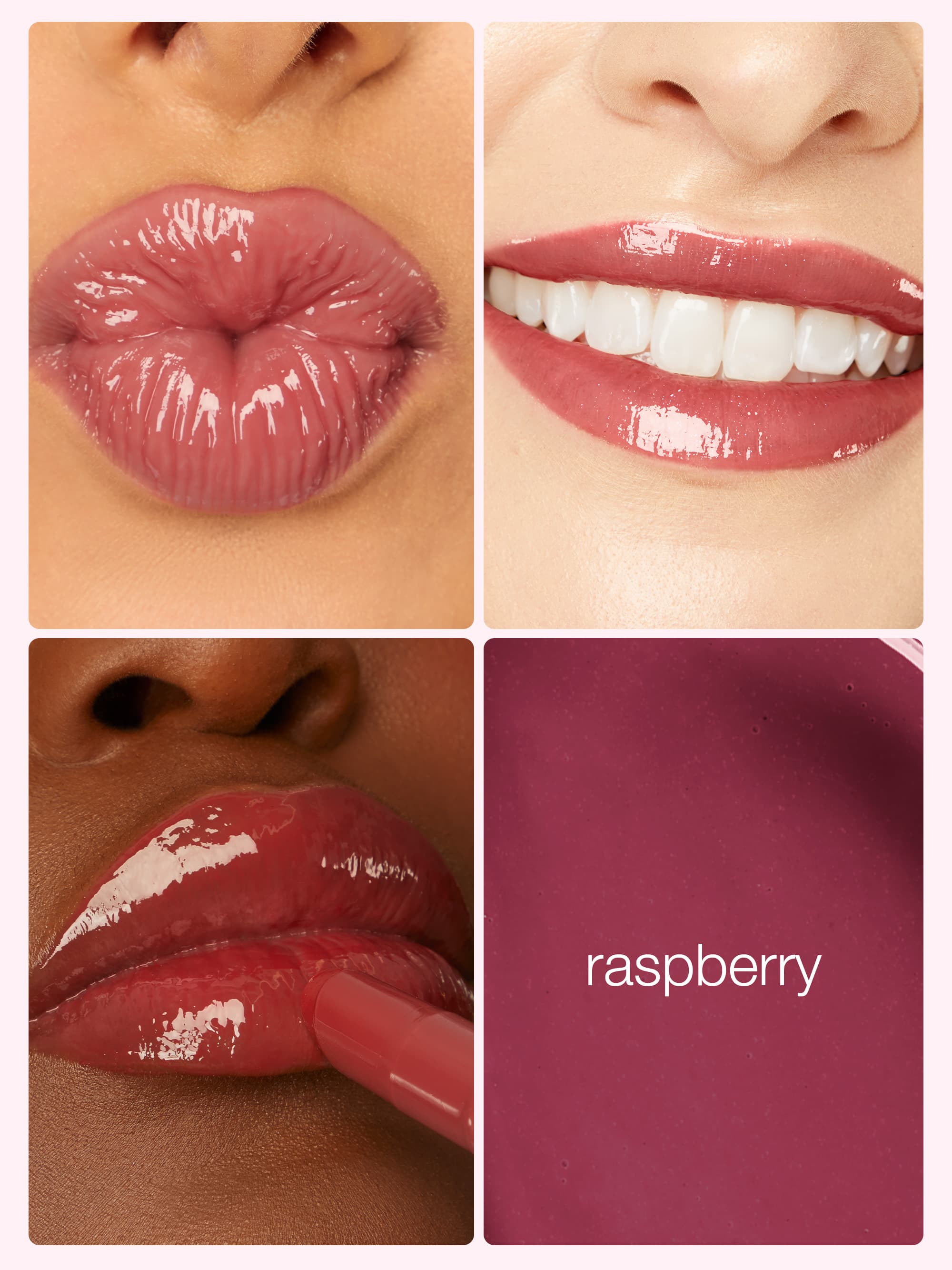 Lipstick shade swatch labeled 'raspberry' on a white background