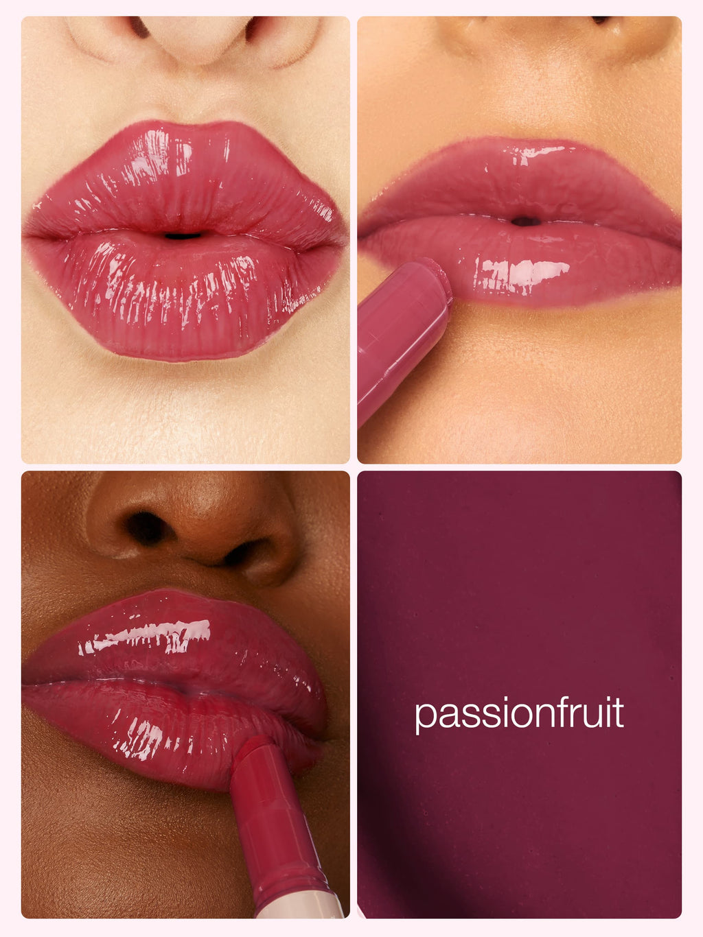 Collage of a woman applying passionfruit lipstick with close-up shots of her lips.