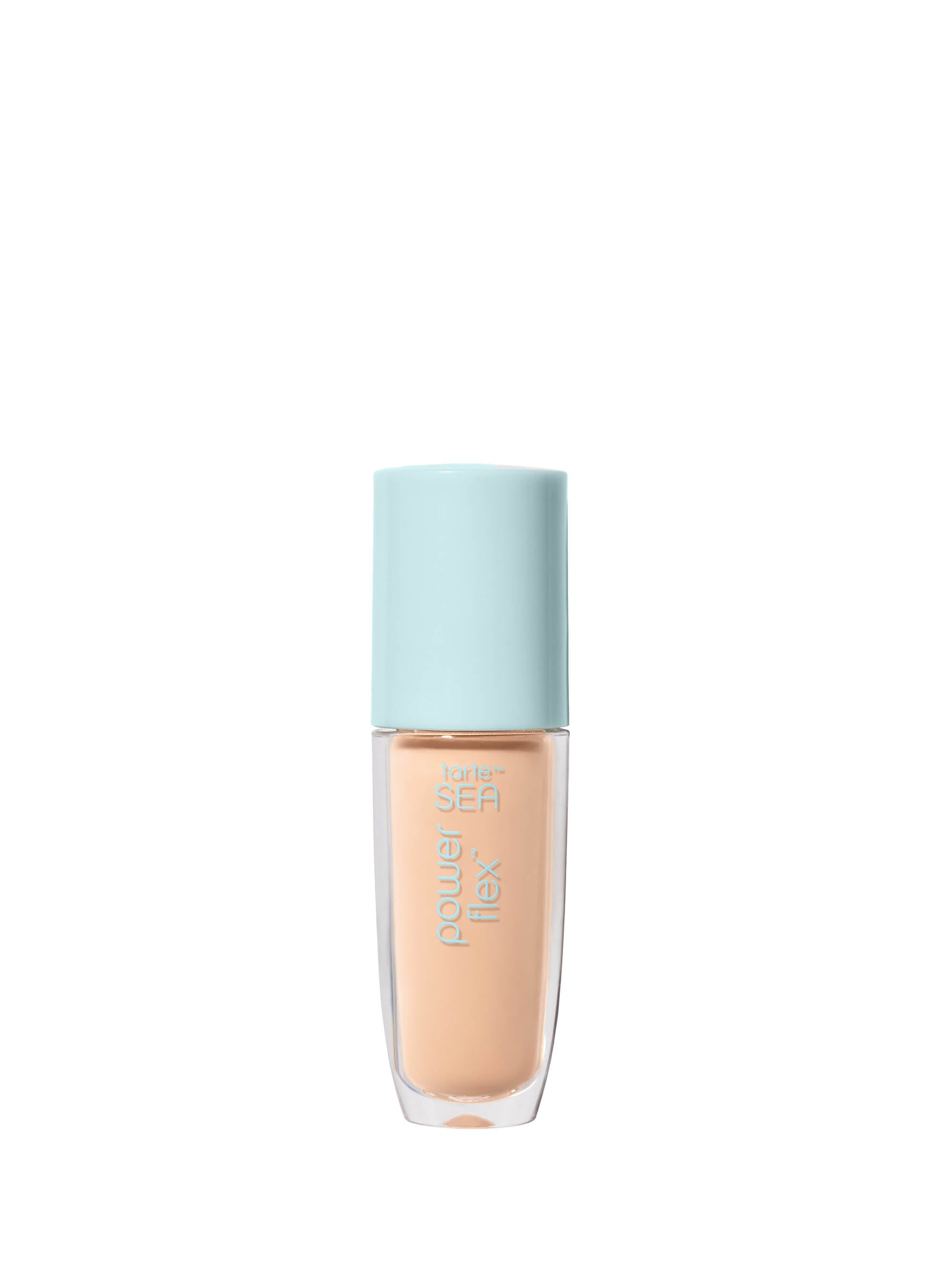 Foundation bottle with light blue cap on a white background