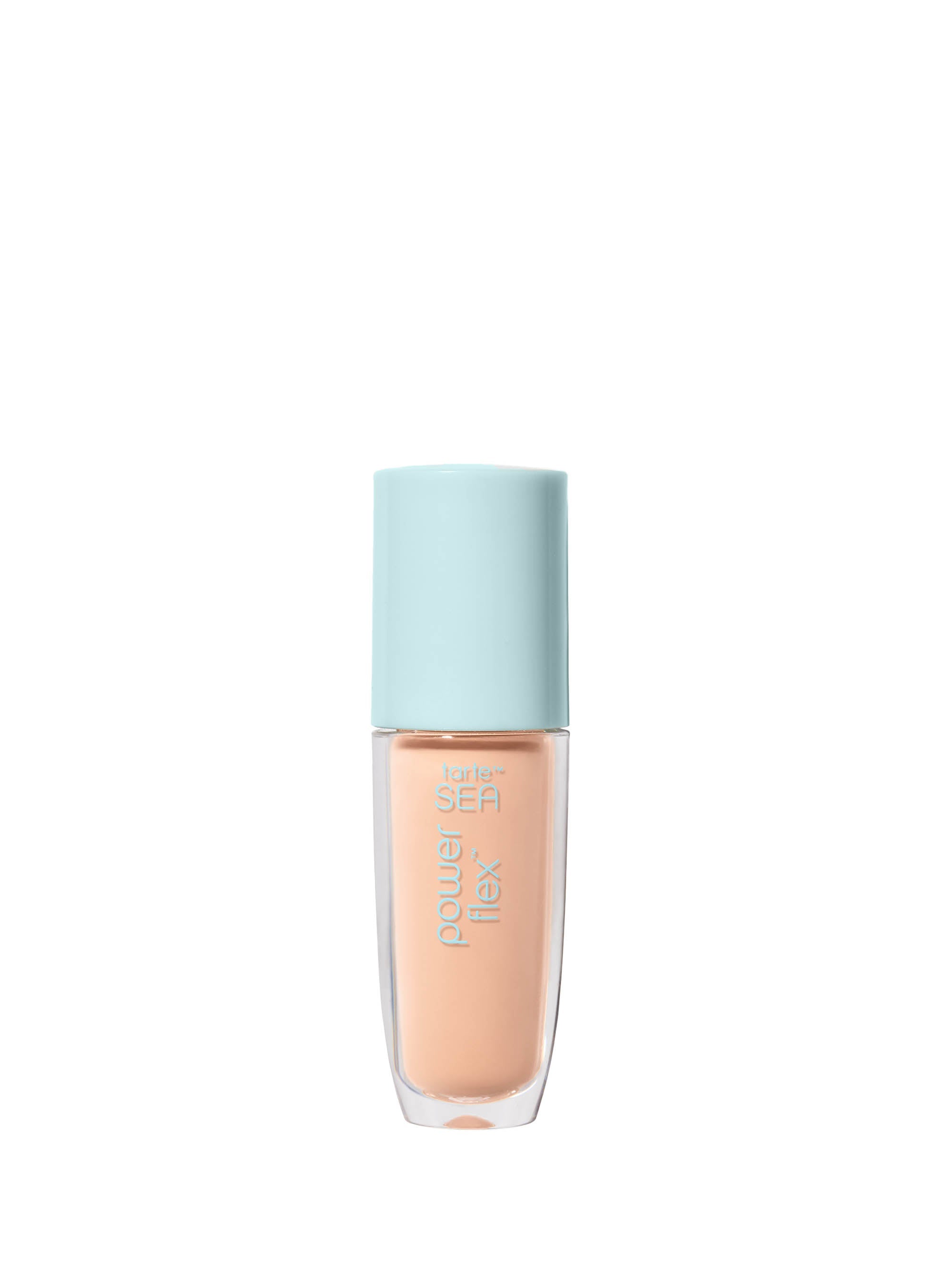 Foundation bottle with light blue cap on a white background