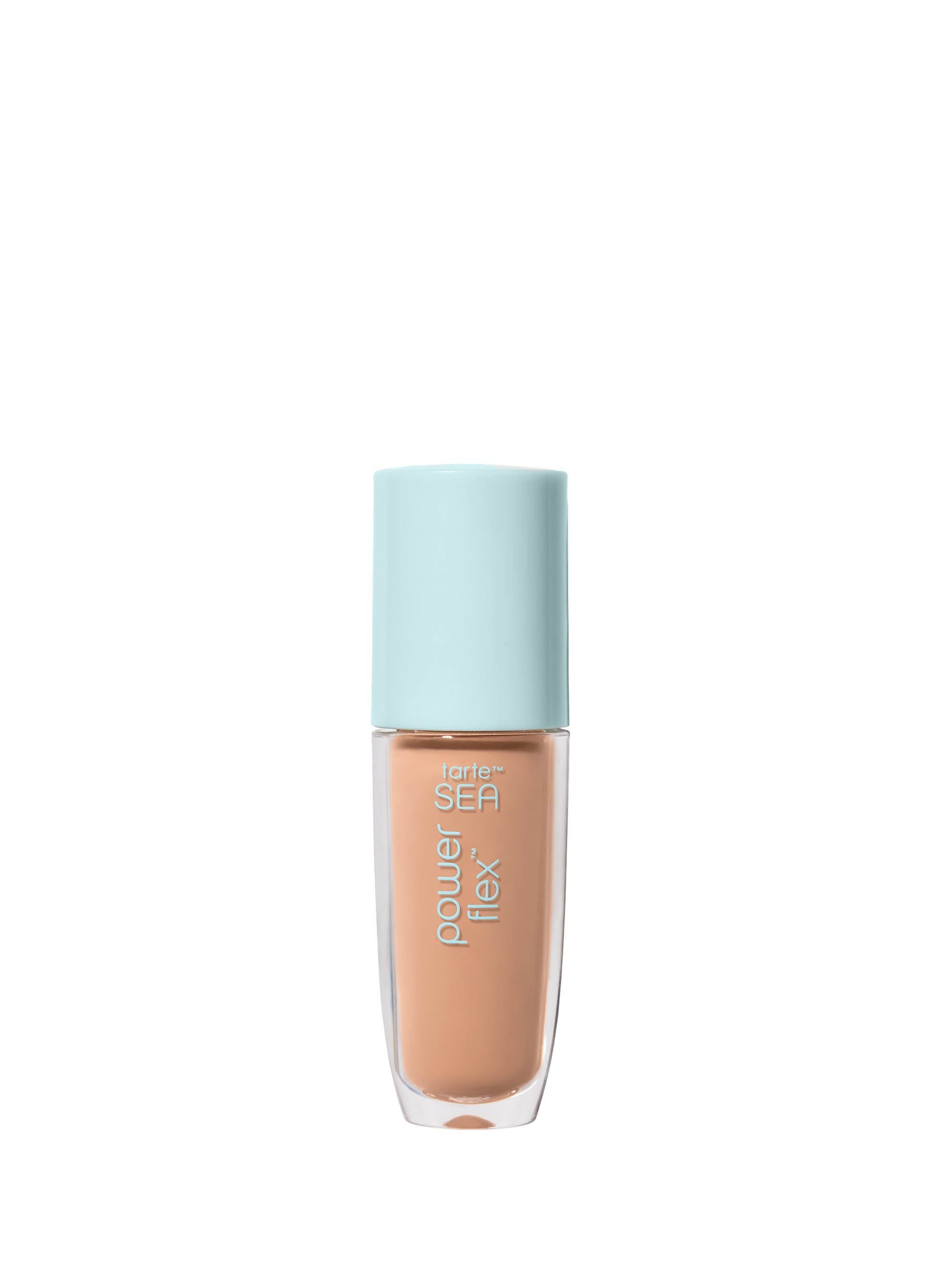 Foundation bottle with light blue cap on a white background