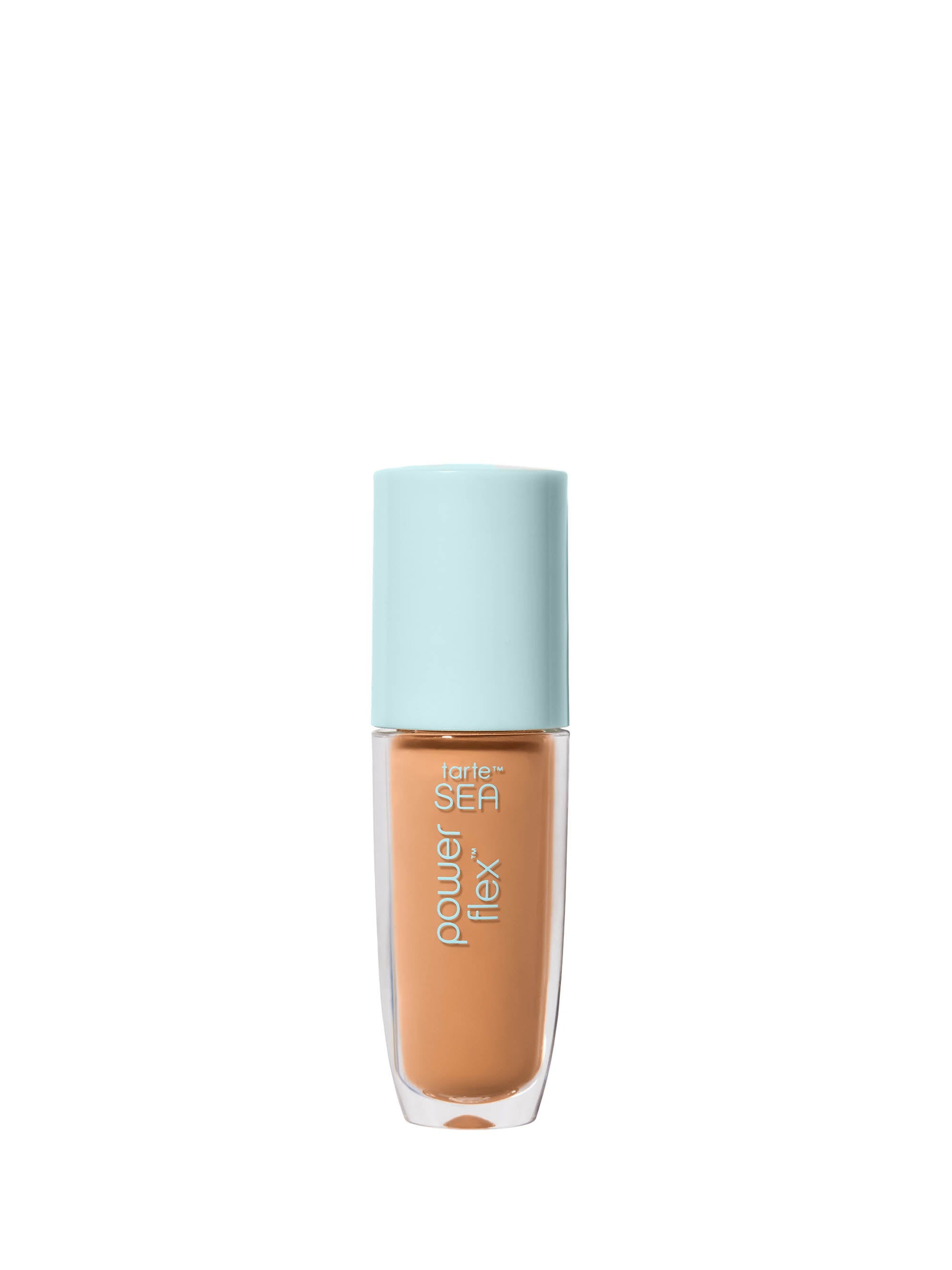 Foundation bottle with a light blue cap on a white background