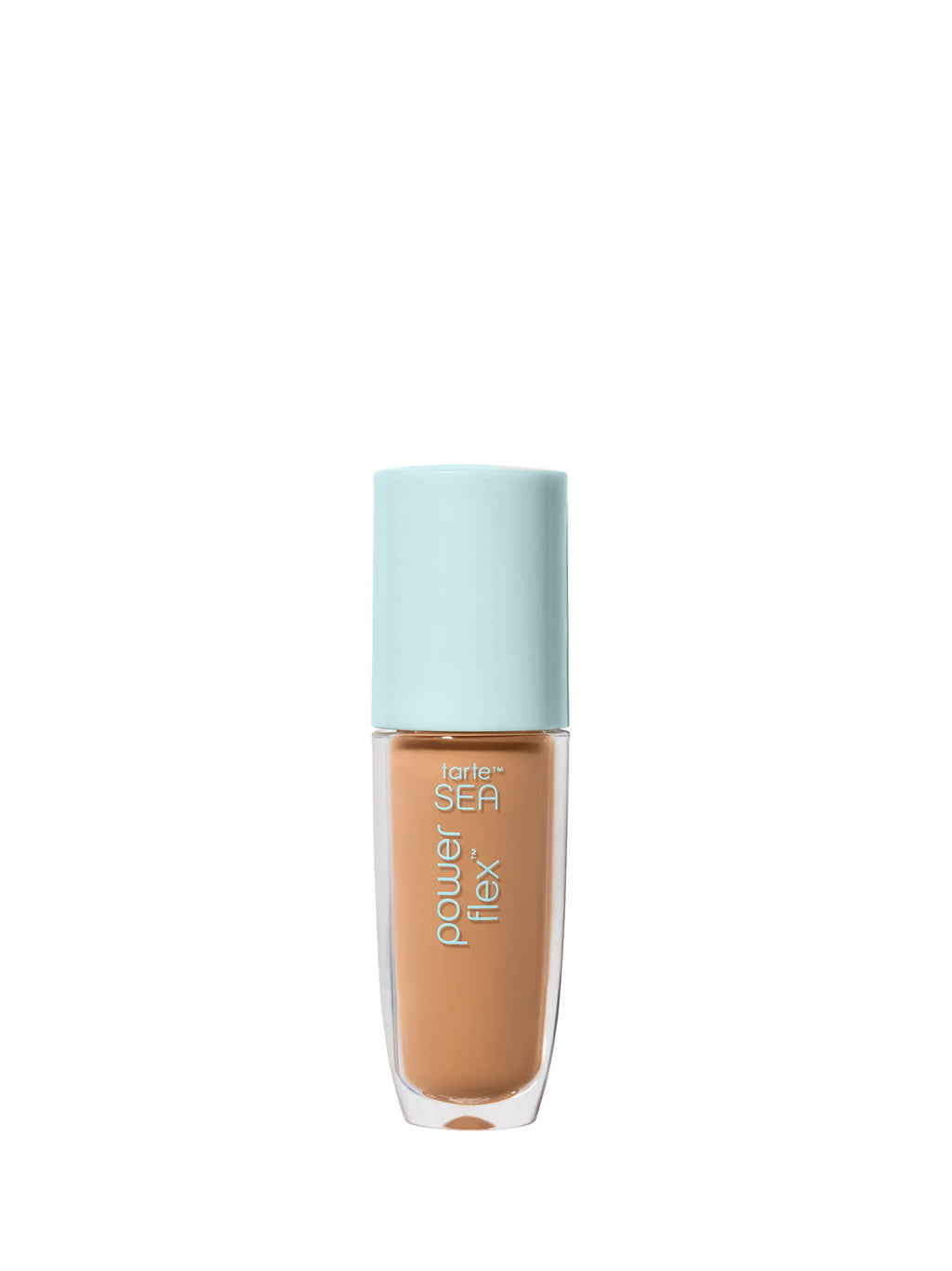 Foundation bottle with a light blue cap on a white background