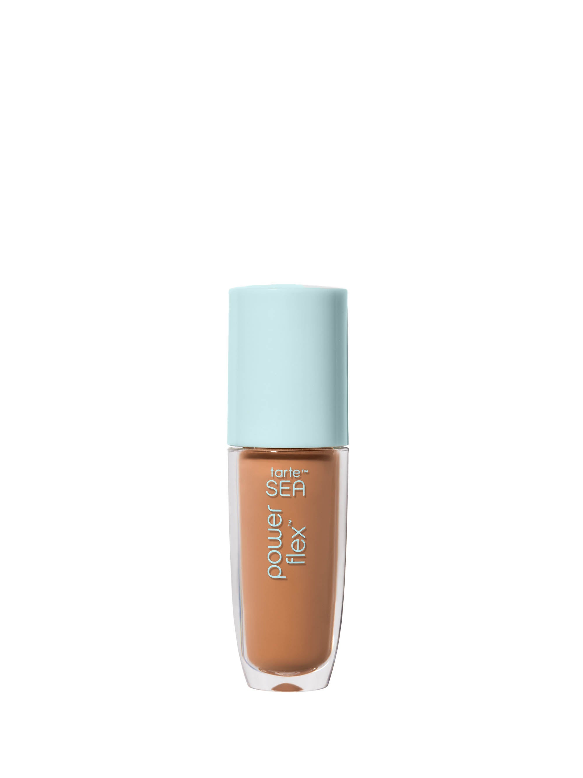 Foundation bottle with light blue cap on a white background