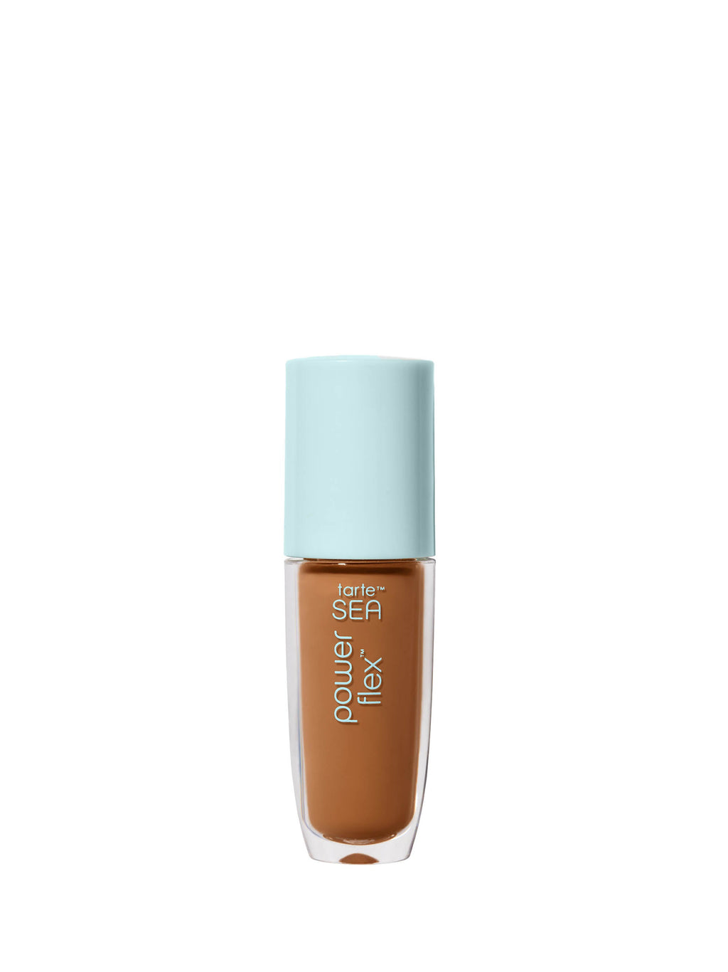 Foundation bottle with light blue cap on a white background