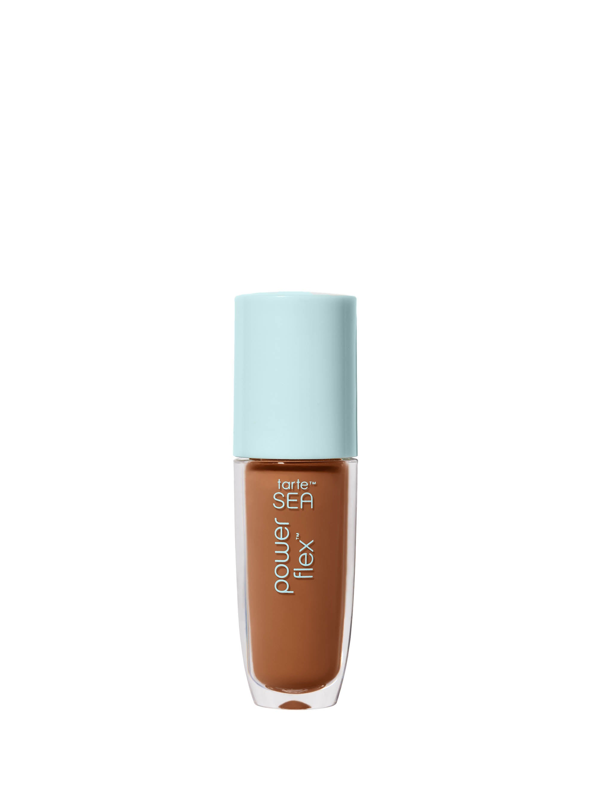 Cosmetic bottle with a light blue cap and brown body on a white background