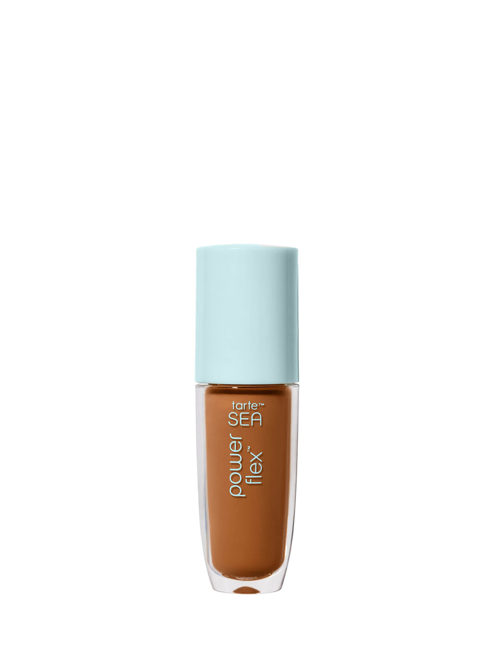 Cosmetic bottle with a light blue cap and brown body on a white background