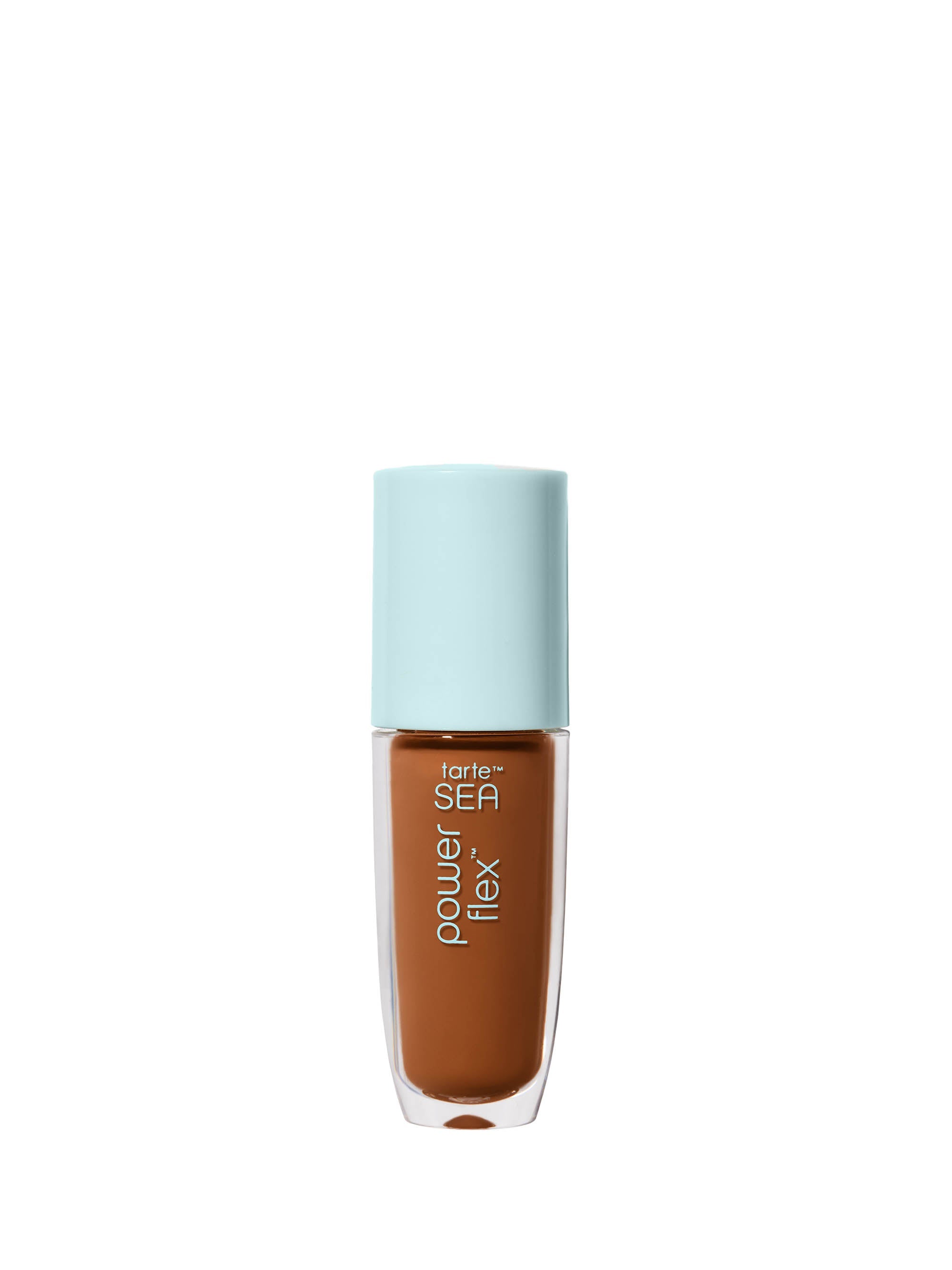 Cosmetic bottle with a light blue cap and brown body on a white background