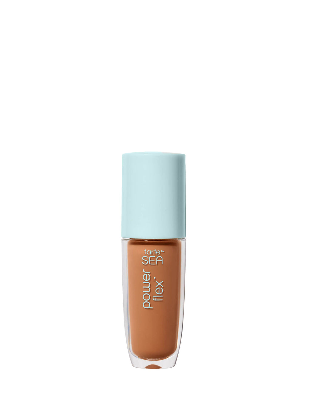 Cosmetic bottle with a light blue cap and brown body on a white background