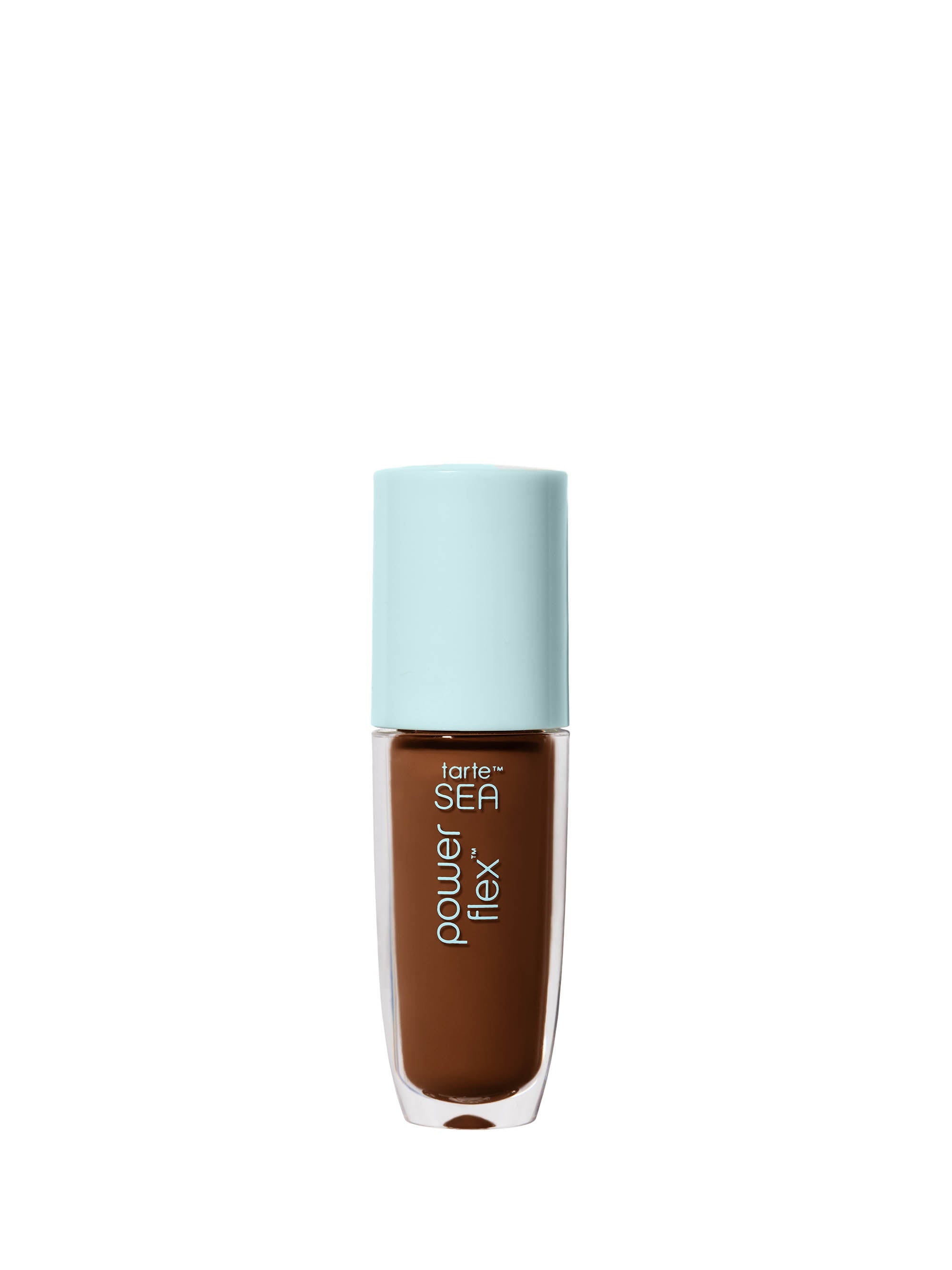 Travel-size tarte concealer bottle with a blue cap and brown liquid visible through the clear portion of the bottle.
