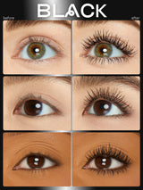 Before and after comparison of false eyelashes applied to eyes with different skin tones.