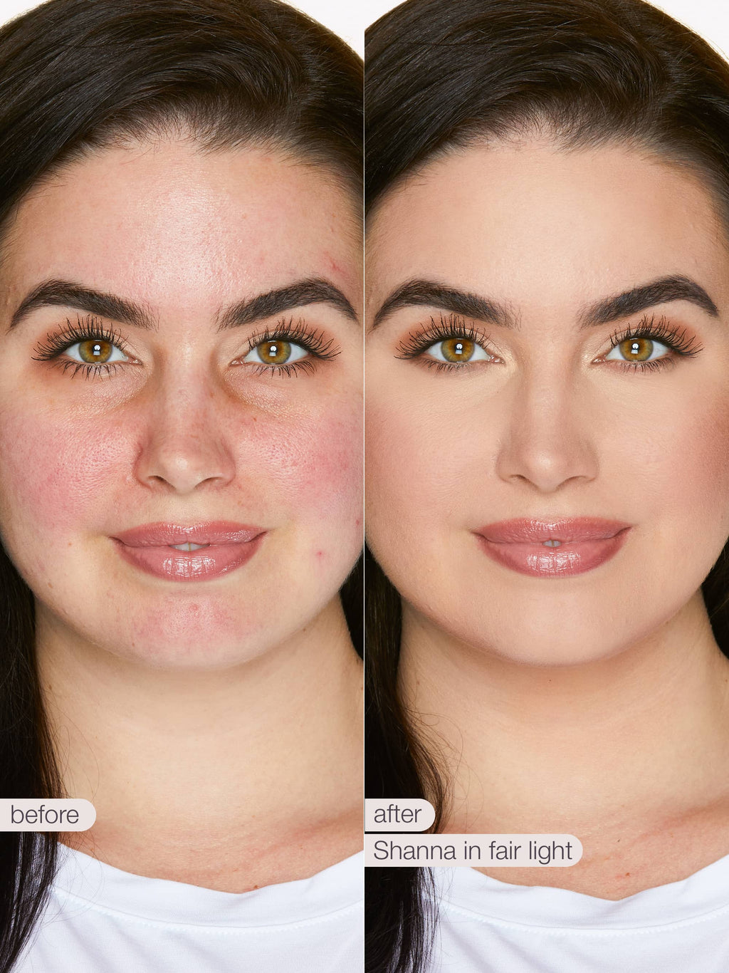Before and after comparison of a woman's face with visible makeup changes.