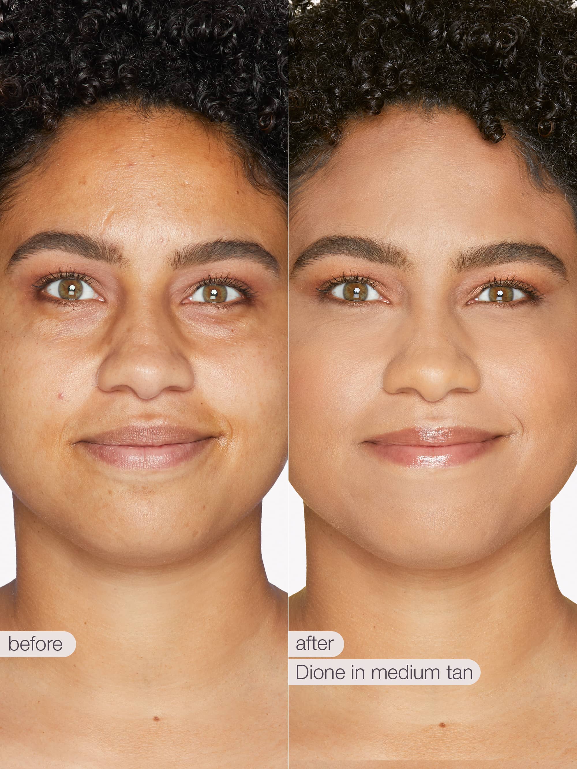 Before and after comparison of a person with medium tan skin tone on a white background.