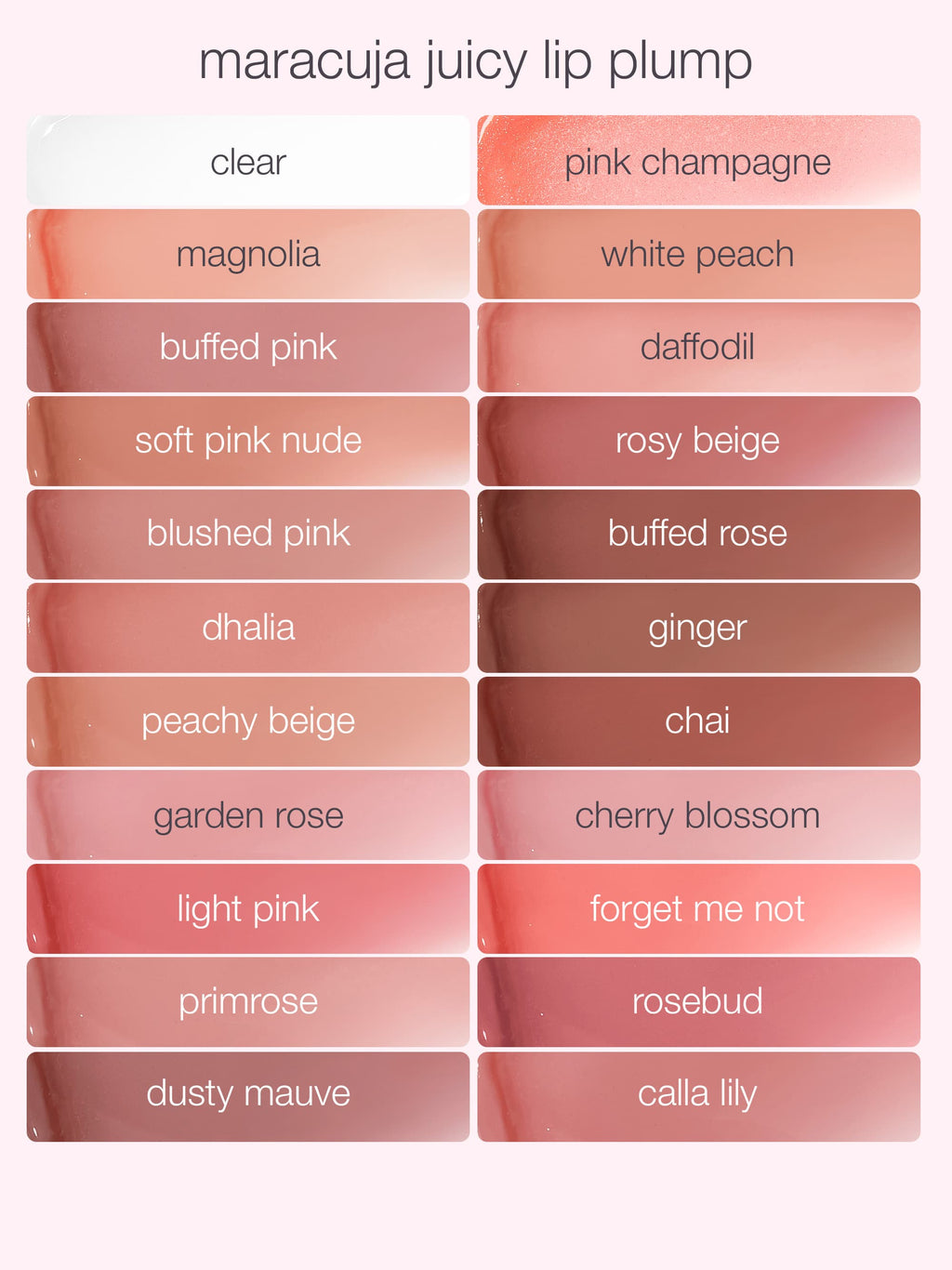Color swatches of a lip plump with various shades on a white background