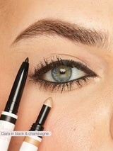 Eyeliner pen with applicator being used on a person's eye, with 'Ciara in black & champagne' text.