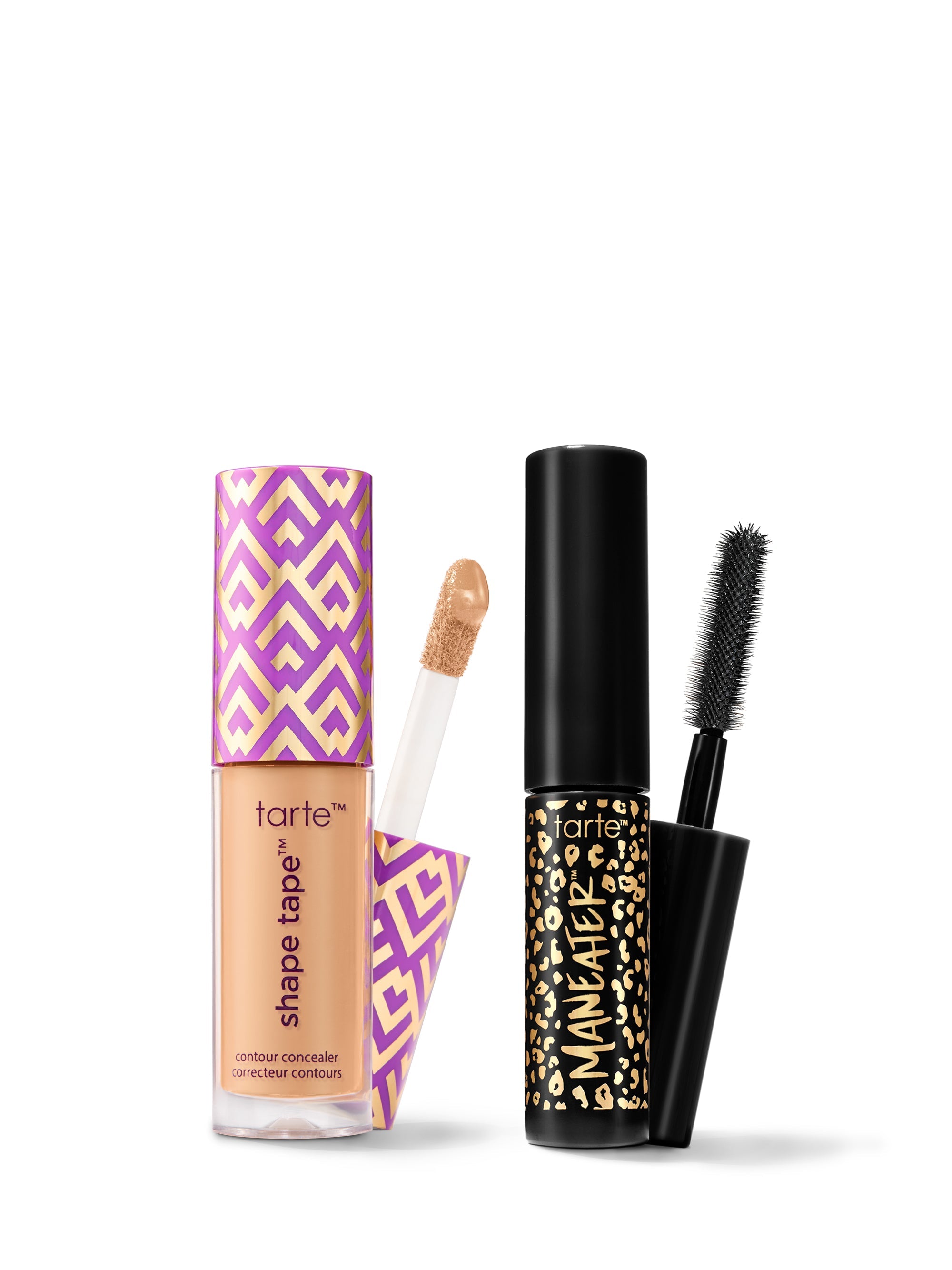 Tarte Shape Tape concealer and Maneater mascara on a white background