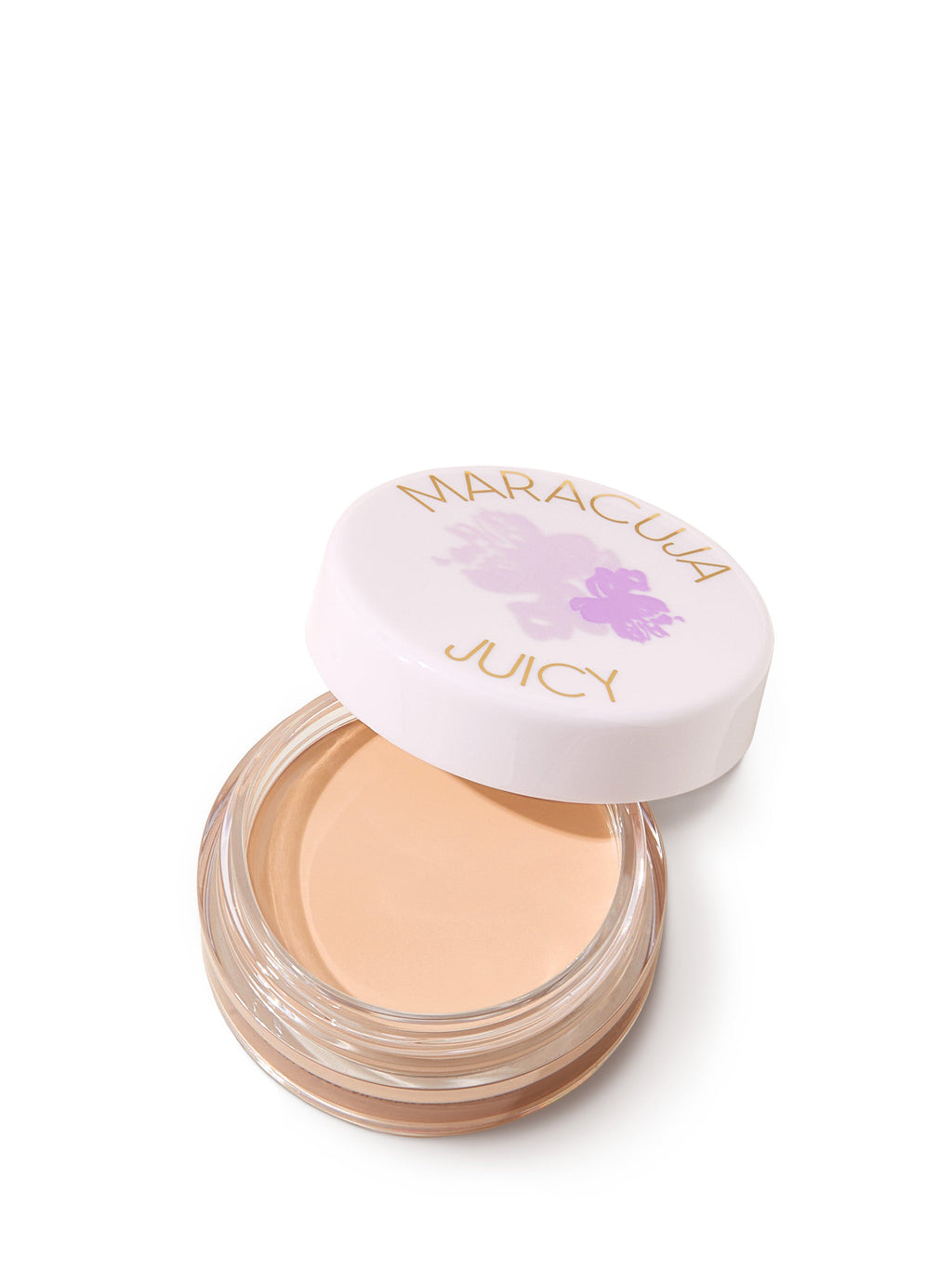 Open jar of cream with 'Maracuja Juicy' lid on a white background
