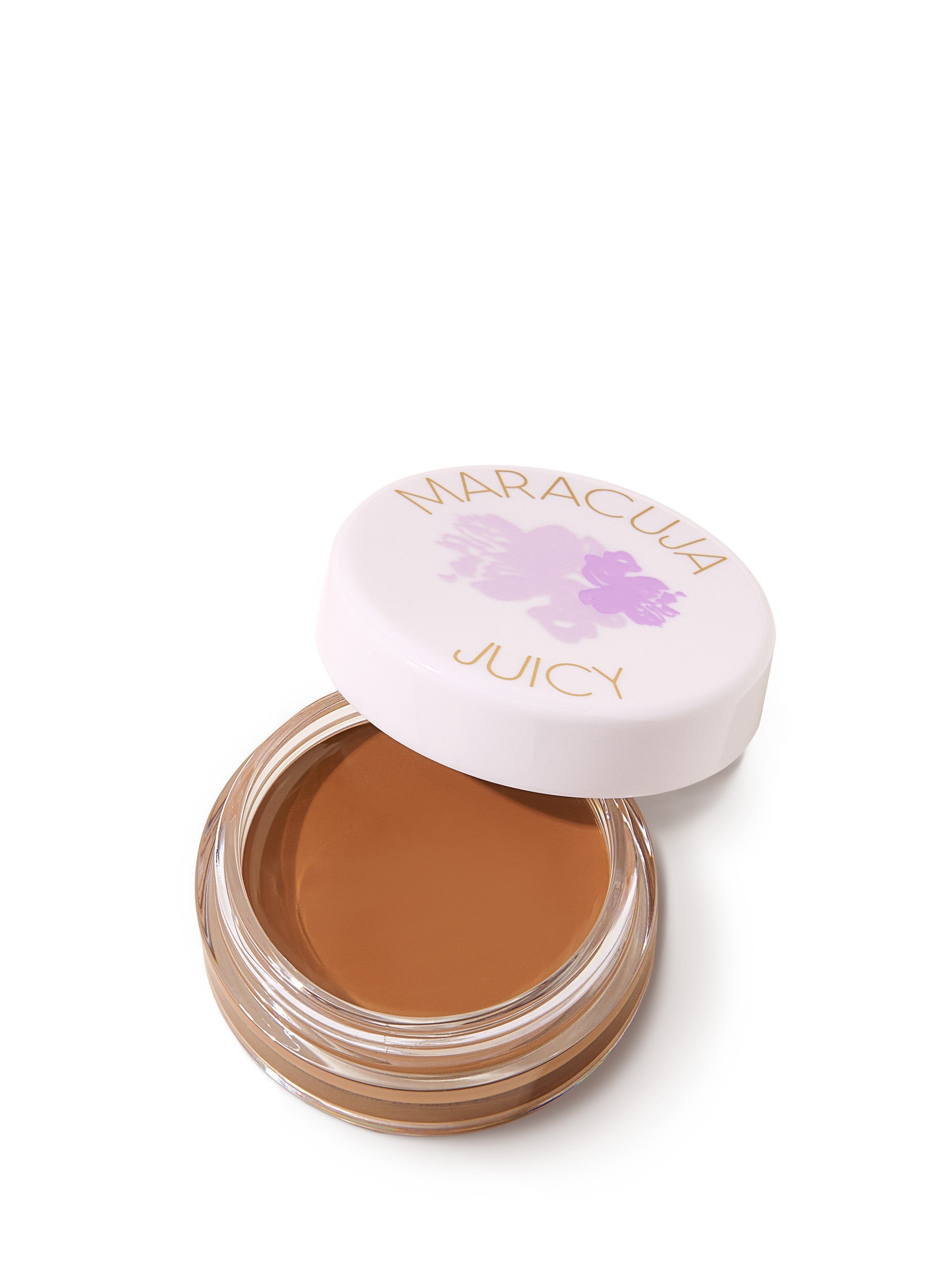 Open jar of brown cream with 'Maracluca' lid on a white background