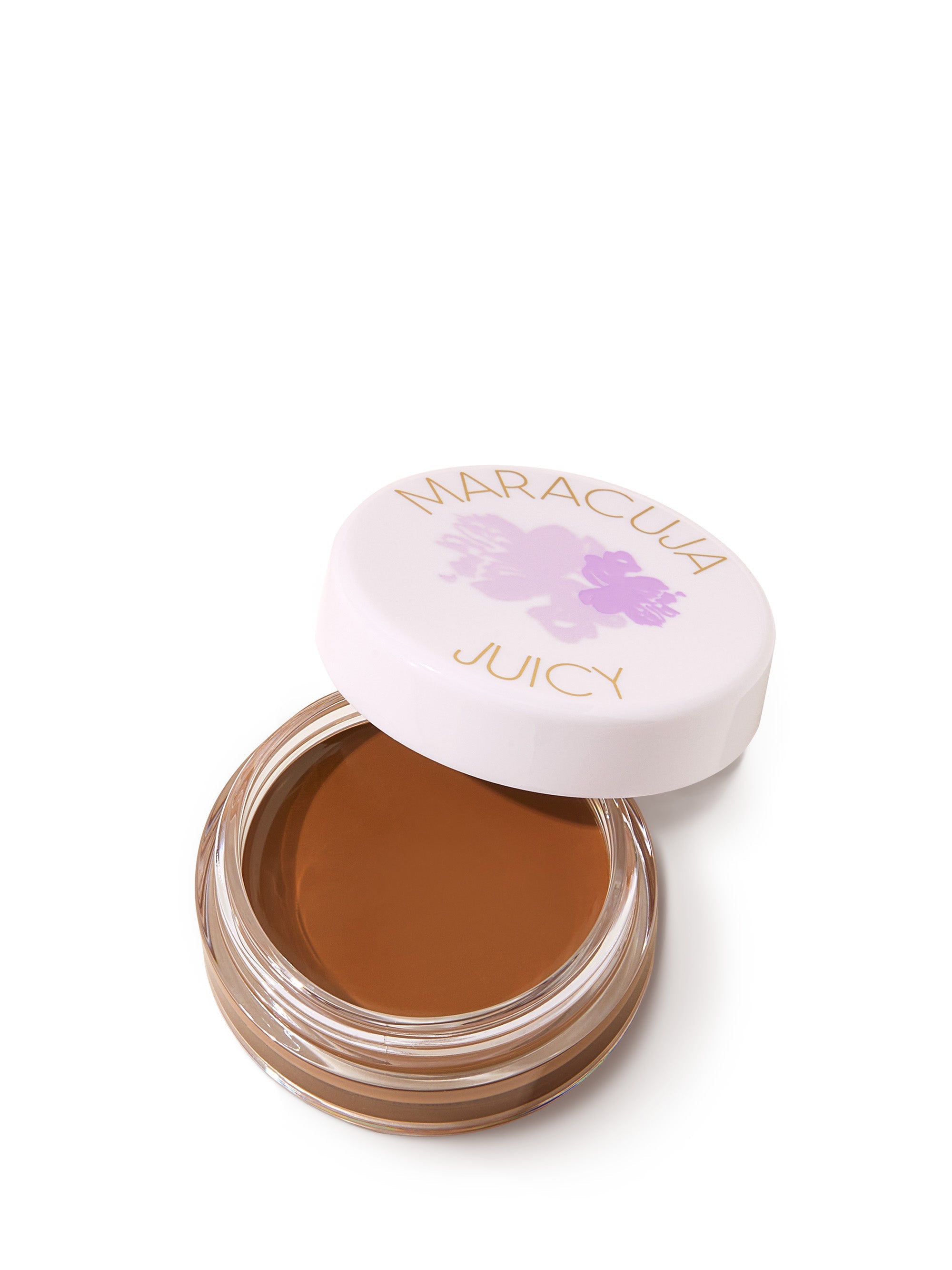 Cosmetic container with brown cream and white lid featuring 'Maracluca' branding on a white background