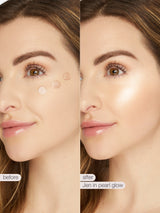 Before and after comparison of a woman's face with 'Jen in Pearl Glow' makeup application.