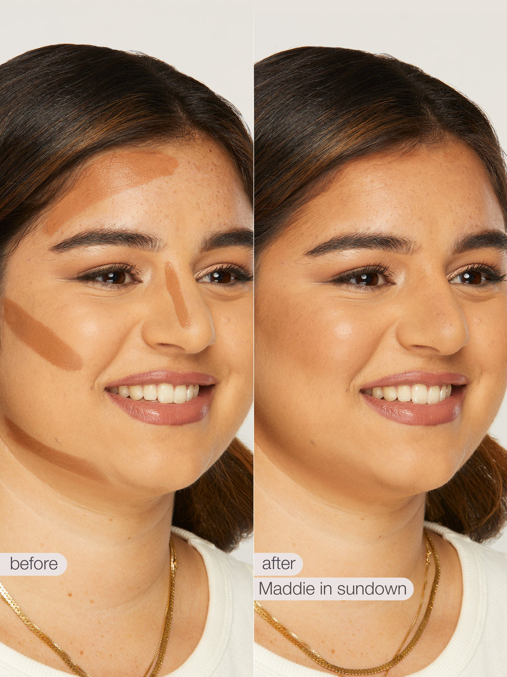 Before and after makeup comparison on a person with 'Maddie in sundown' text.