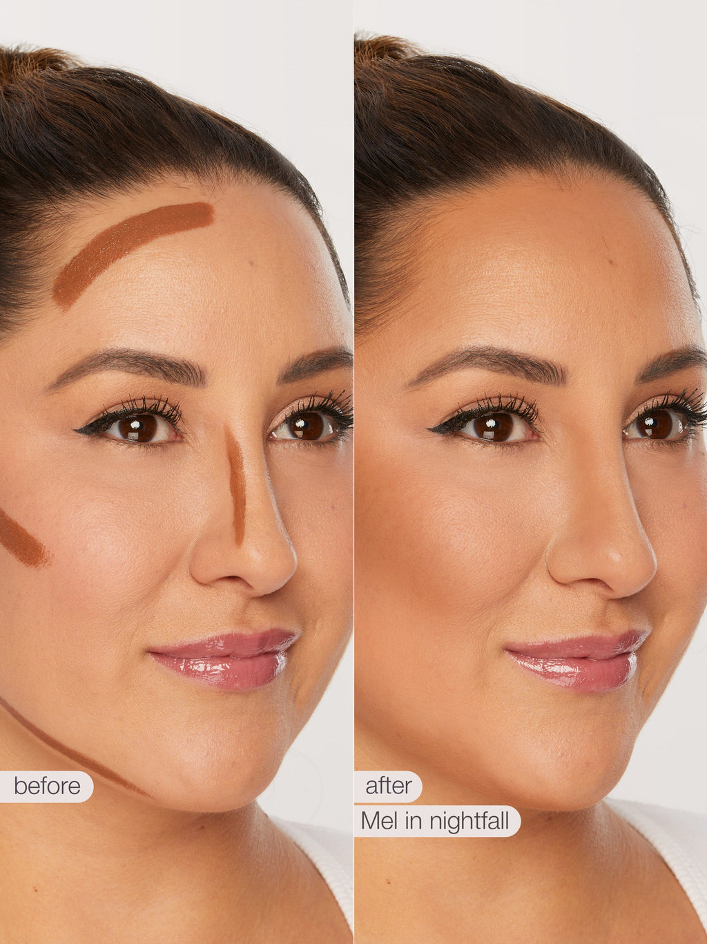 Before and after makeup application on a person's face with 'Mel in Nightfall' product.