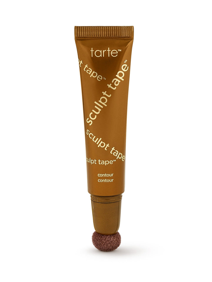 Gold-brown Tarte sculpt tape contour tube stands upright on its round sponge applicator against a white background. Text: tarte™ sculpt tape™ contour contour