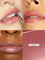 Close-up of lips applying a mauve lipstick with a swatch labeled 'Mauve'.