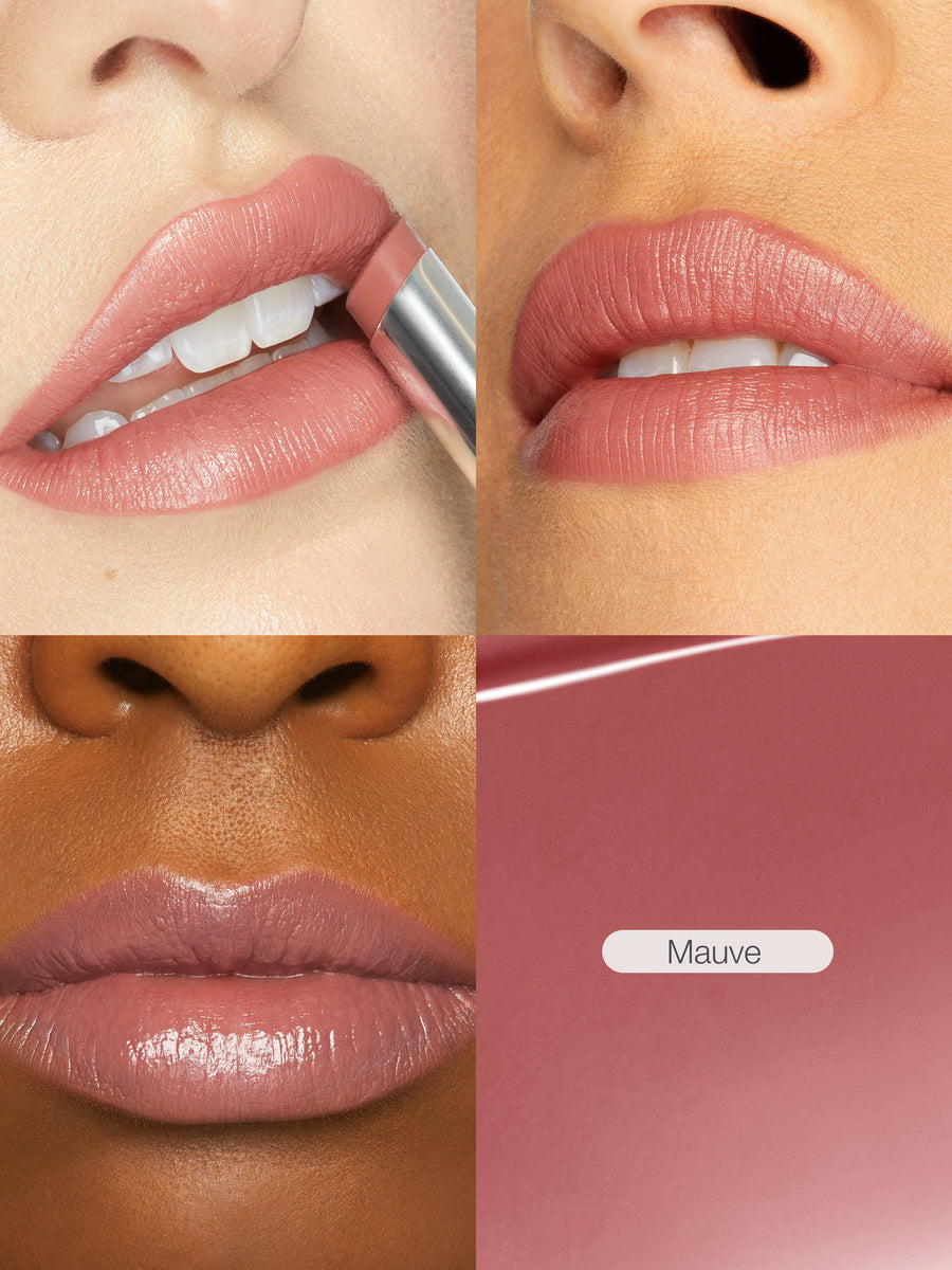 Close-up of lips applying a mauve lipstick with a swatch labeled 'Mauve'.