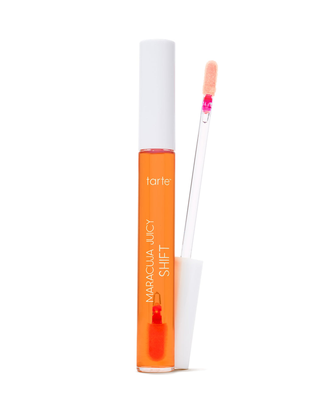 Orange lip gloss with applicator on a white background