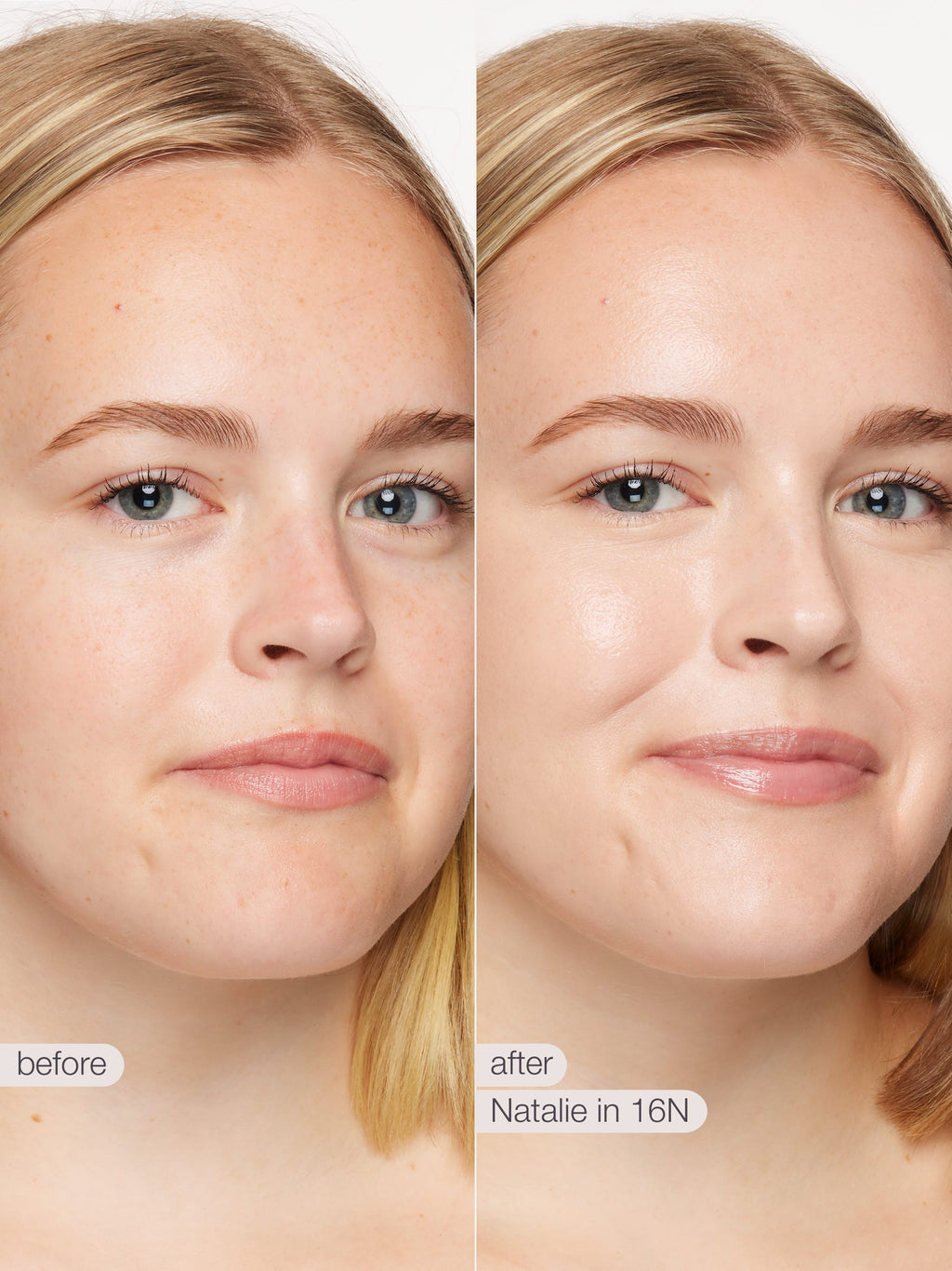 Before and after comparison of a woman's face with text indicating 'before' and 'after' and 'Natalie in 16N'.