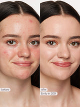 Before and after comparison of a woman's face with visible makeup changes.