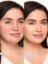 Before and after comparison of a woman's face with cosmetic effects applied.
