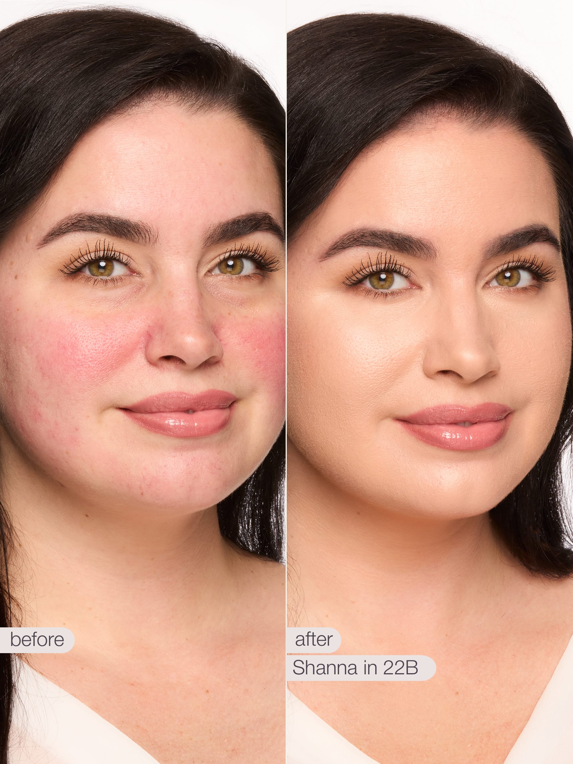 Before and after comparison of a woman's face with cosmetic effects applied.