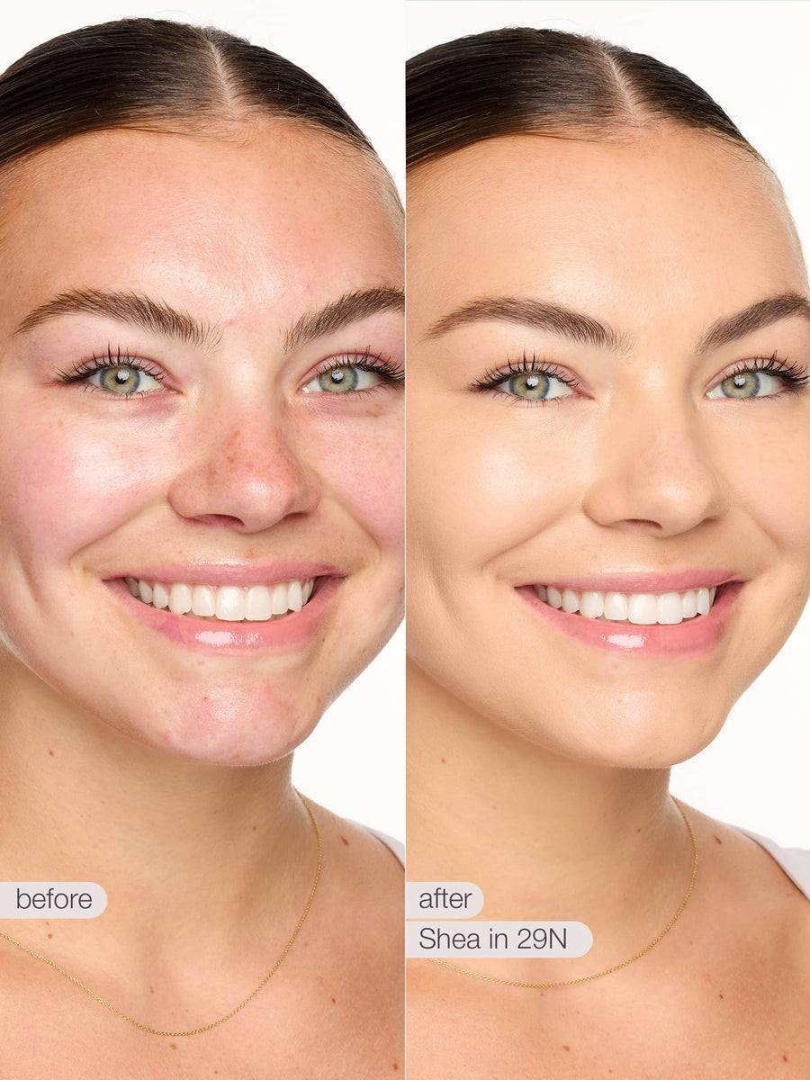 Before and after comparison of a woman's face with skincare product application.