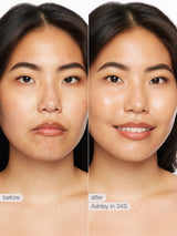 Before and after comparison of a woman's face with text labels 'before' and 'after' on a white background.