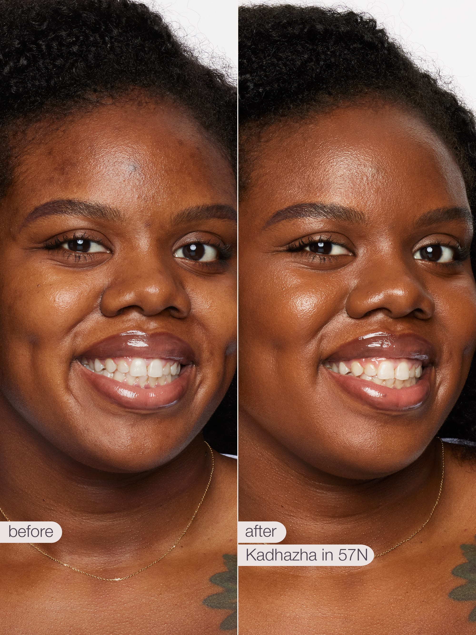Before and after comparison of a woman's face with visible skin texture differences.