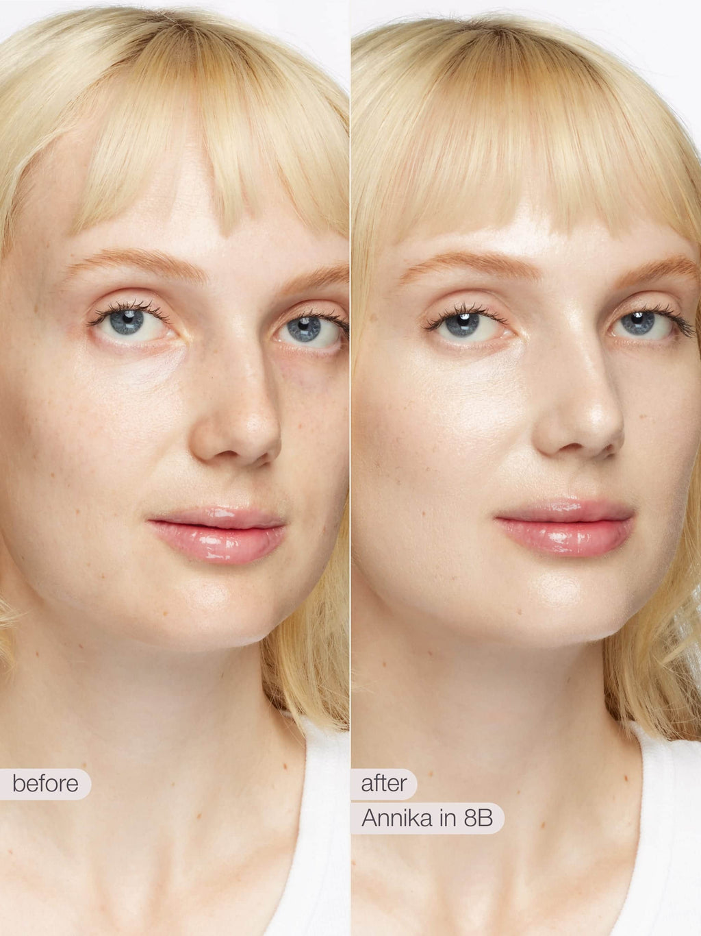 Before and after comparison of a woman with blonde hair and blue eyes, showing makeup application.