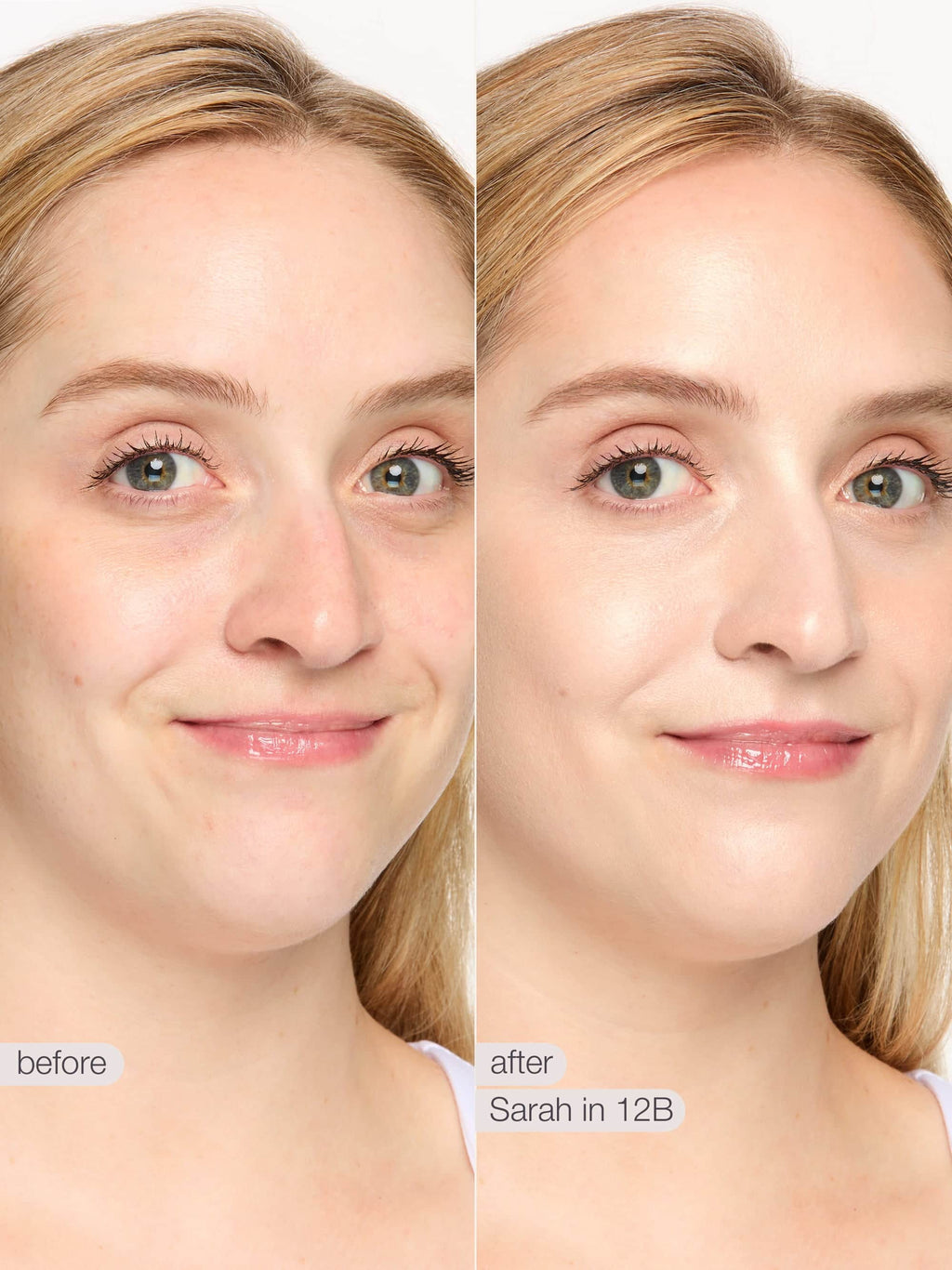 Before and after comparison of a woman's face with makeup product labeled 'Sarah in 12B'.