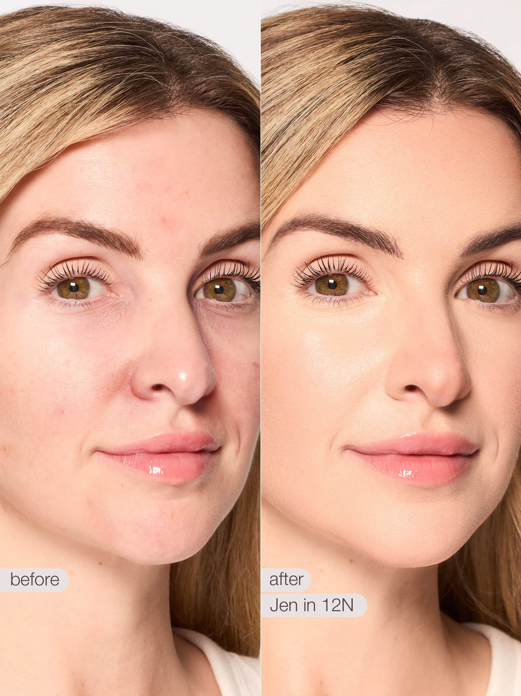 Before and after comparison of a woman's face with text 'before' and 'after Jen in 12N'.