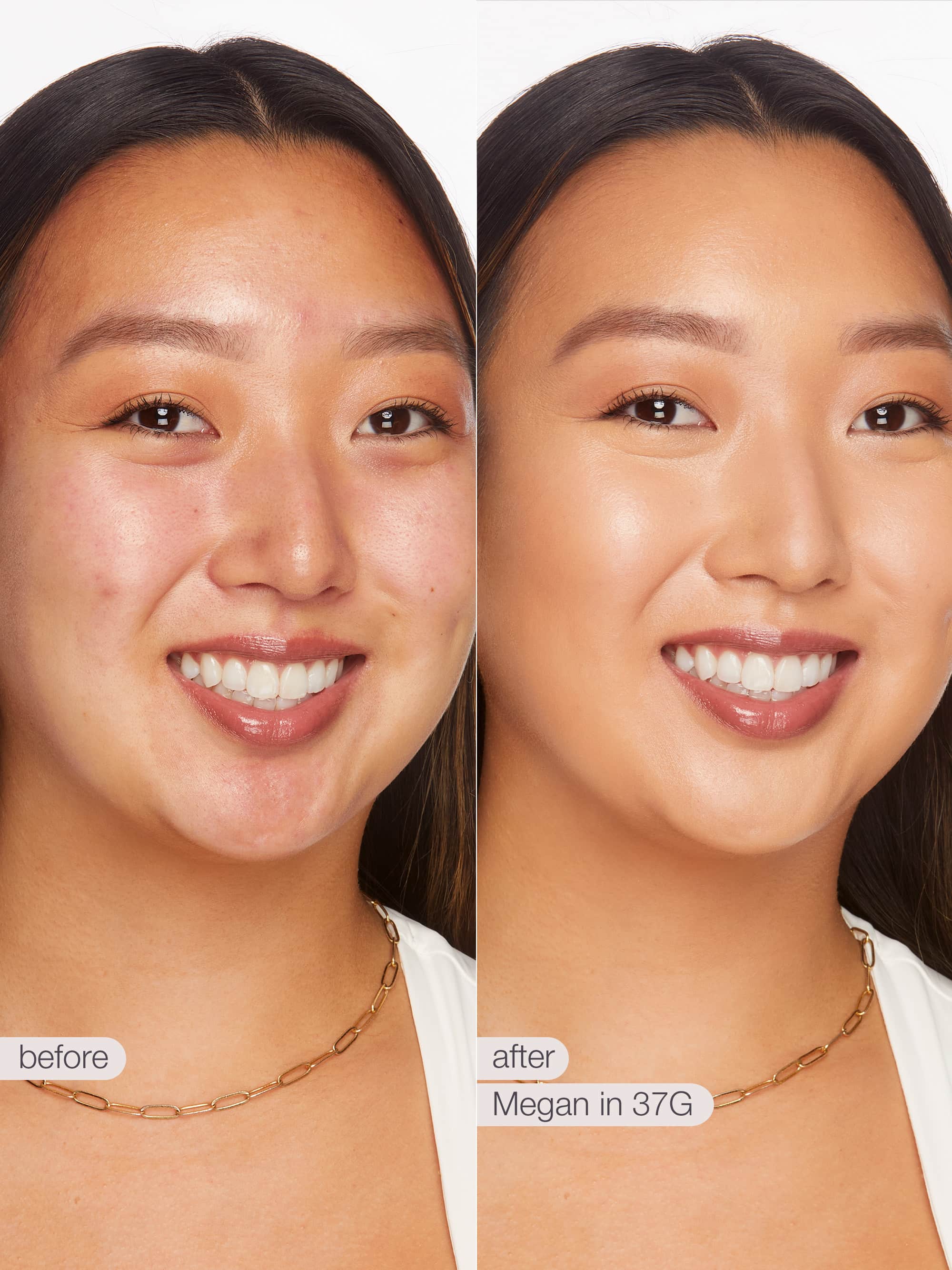 Before and after comparison of a woman's face with text indicating 'Megan in 37G'.