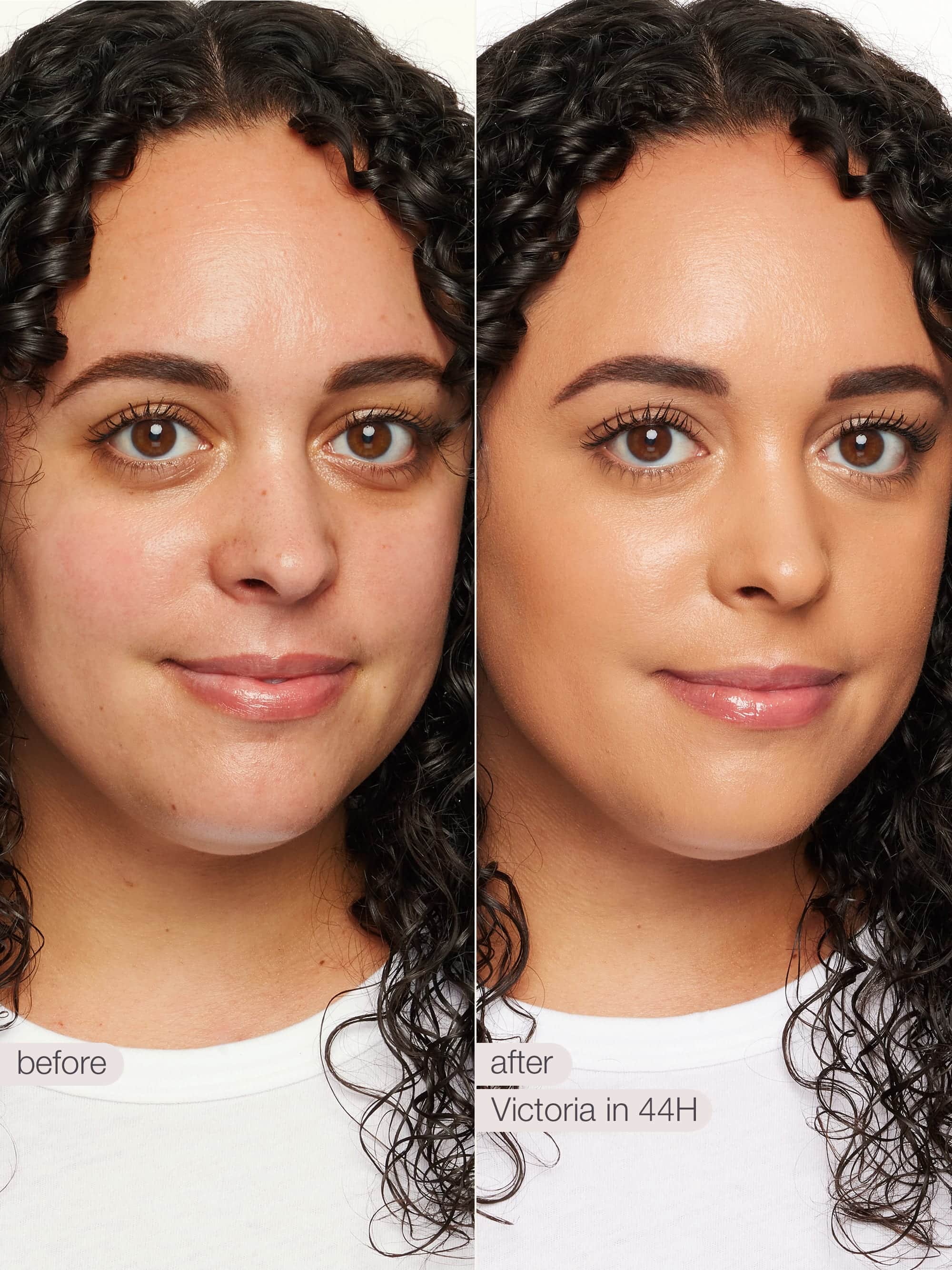 Before and after comparison of a woman with curly hair, showing a product effect on skin texture.