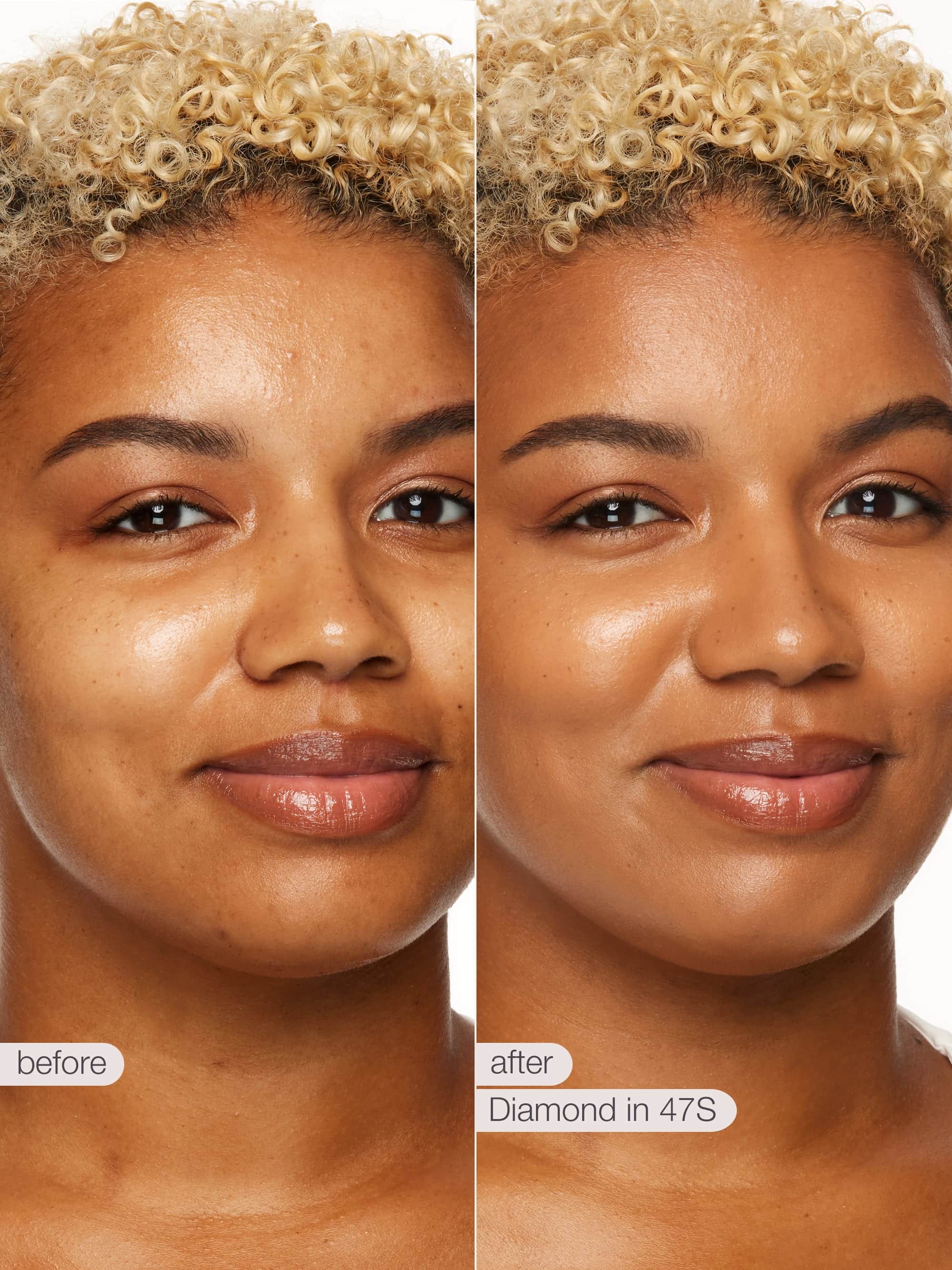 Before and after comparison of a woman's face with 'Diamond in 47S' product application.