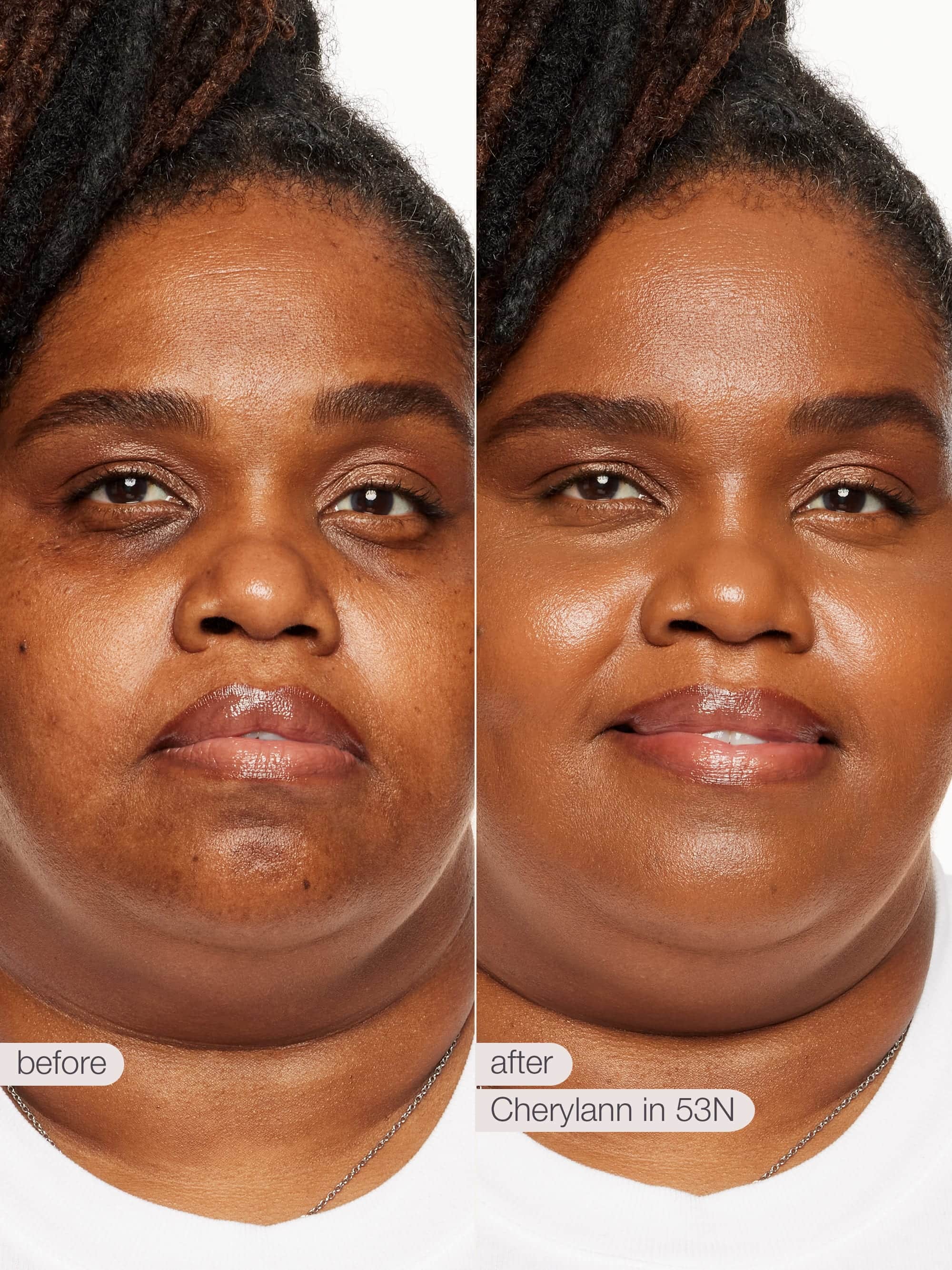 Before and after comparison of a woman's face with text indicating 'before' and 'after' and product name.