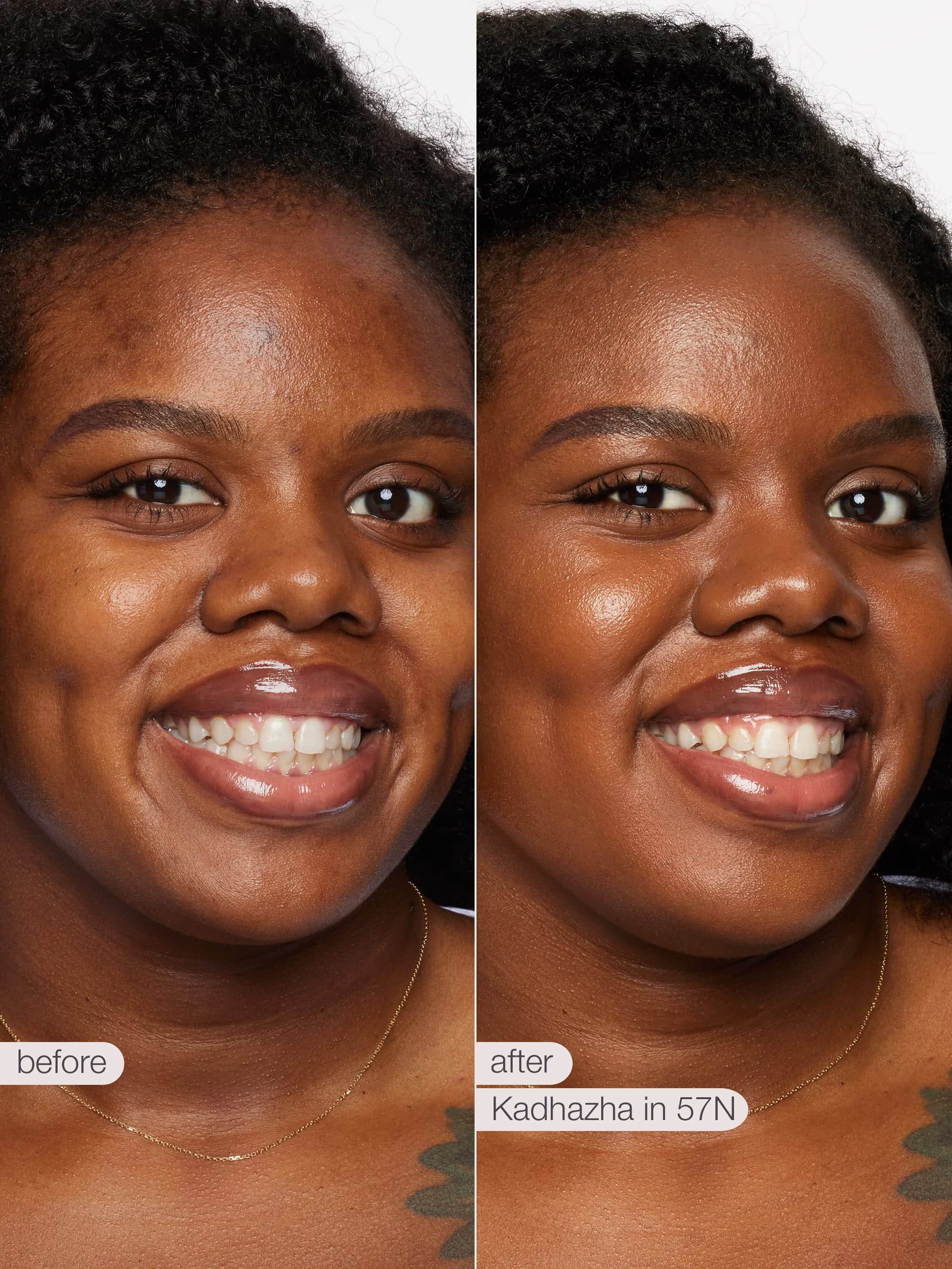 Before and after comparison of a woman's face with Kadhazha skincare product.