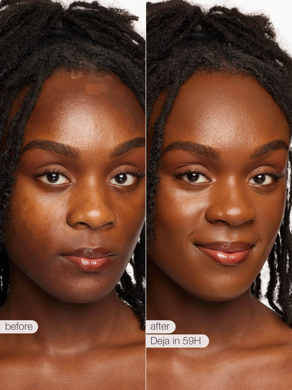Before and after comparison of a woman's face with text indicating a product name and time duration.