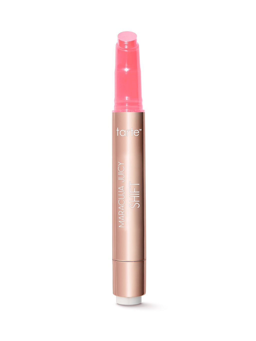 Lip tint with pink cap and rose gold body on a white background