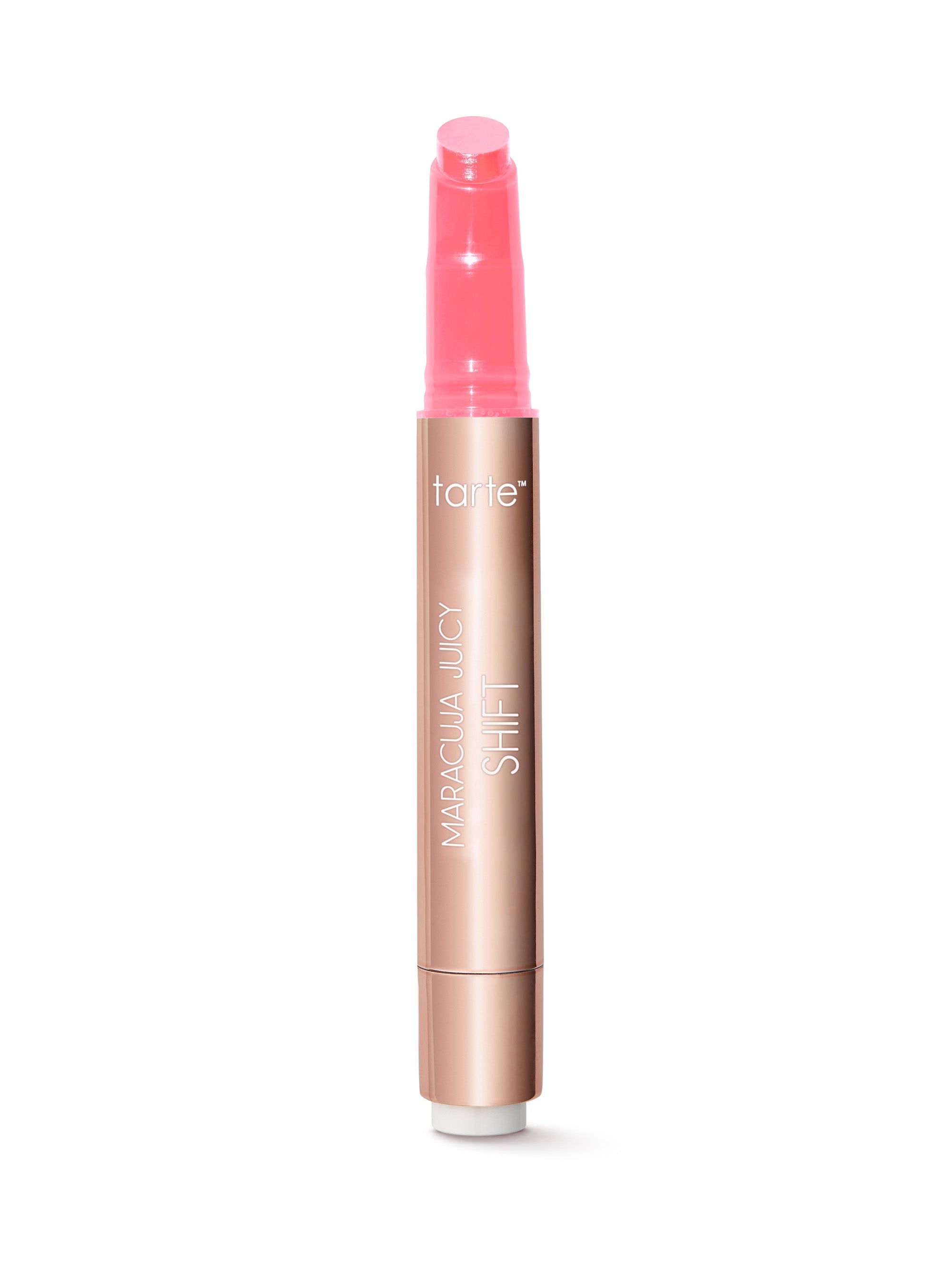 Lip tint with pink cap and rose gold body on a white background
