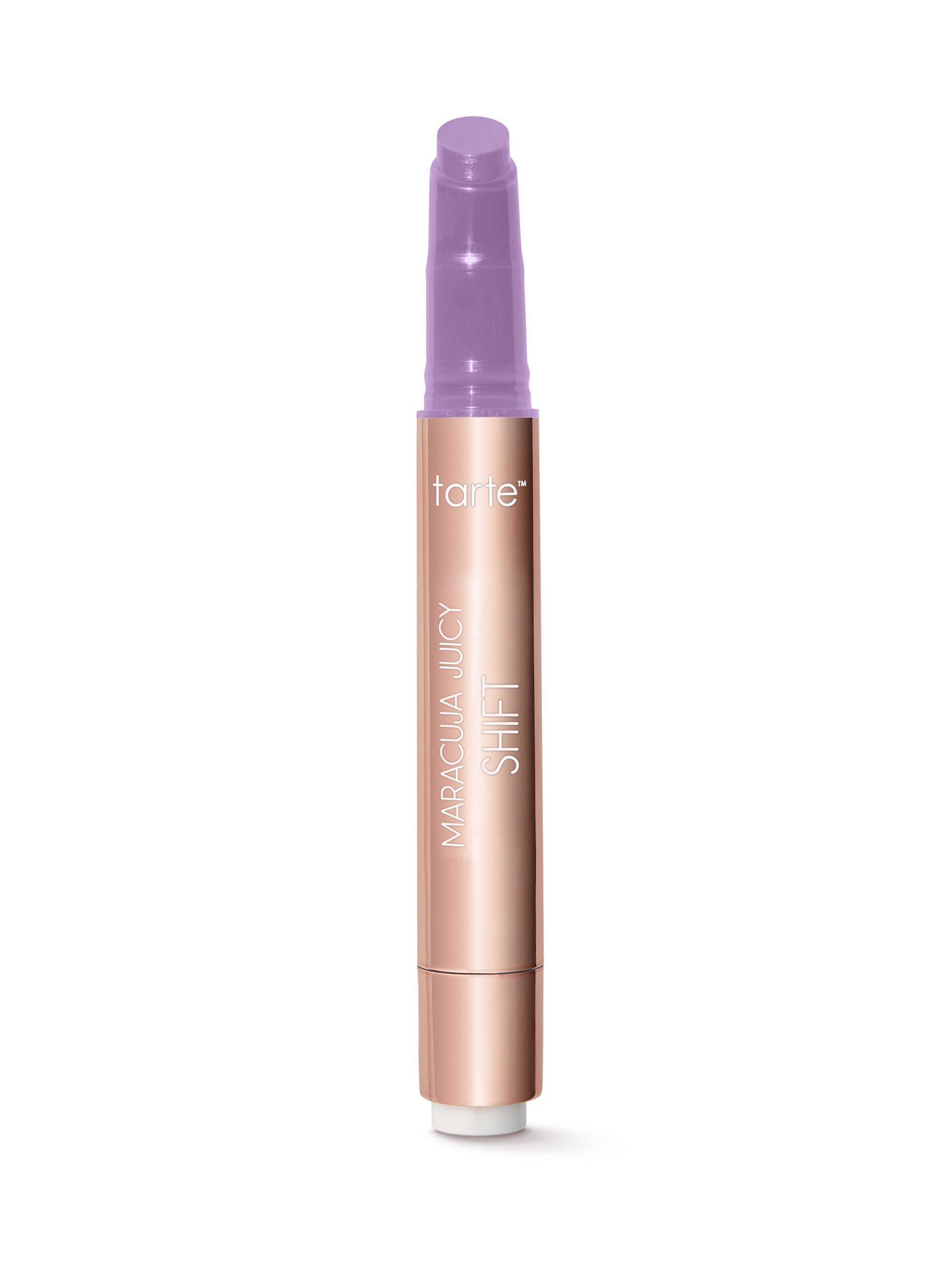 Tarte makeup product with purple cap and rose gold body on white background