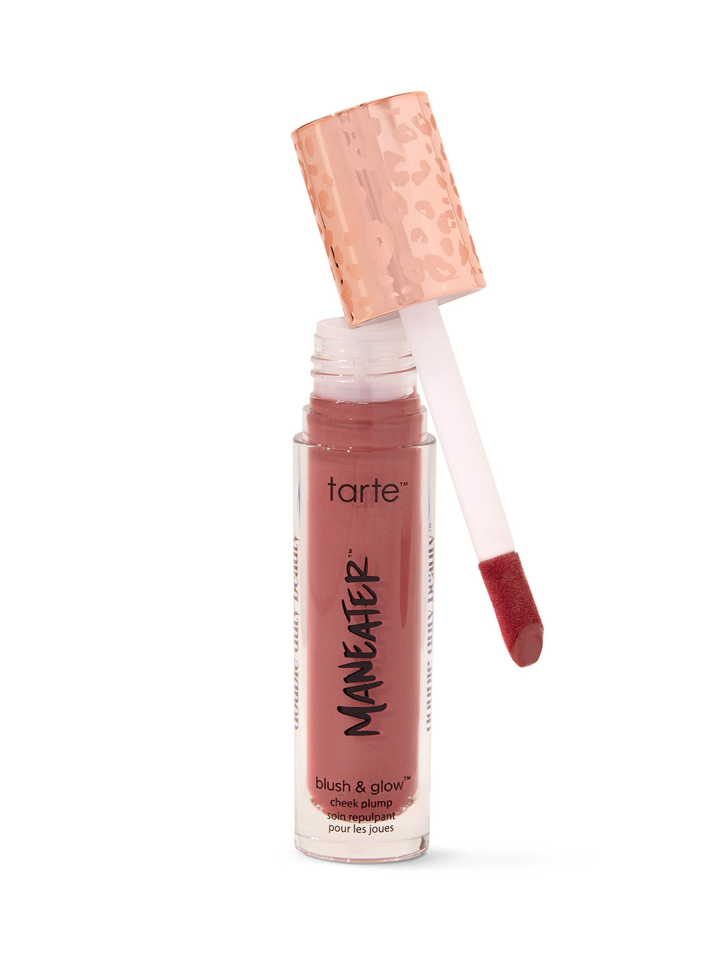 Tarte Maneater lip gloss with rose gold cap and pinkish-brown color on white background